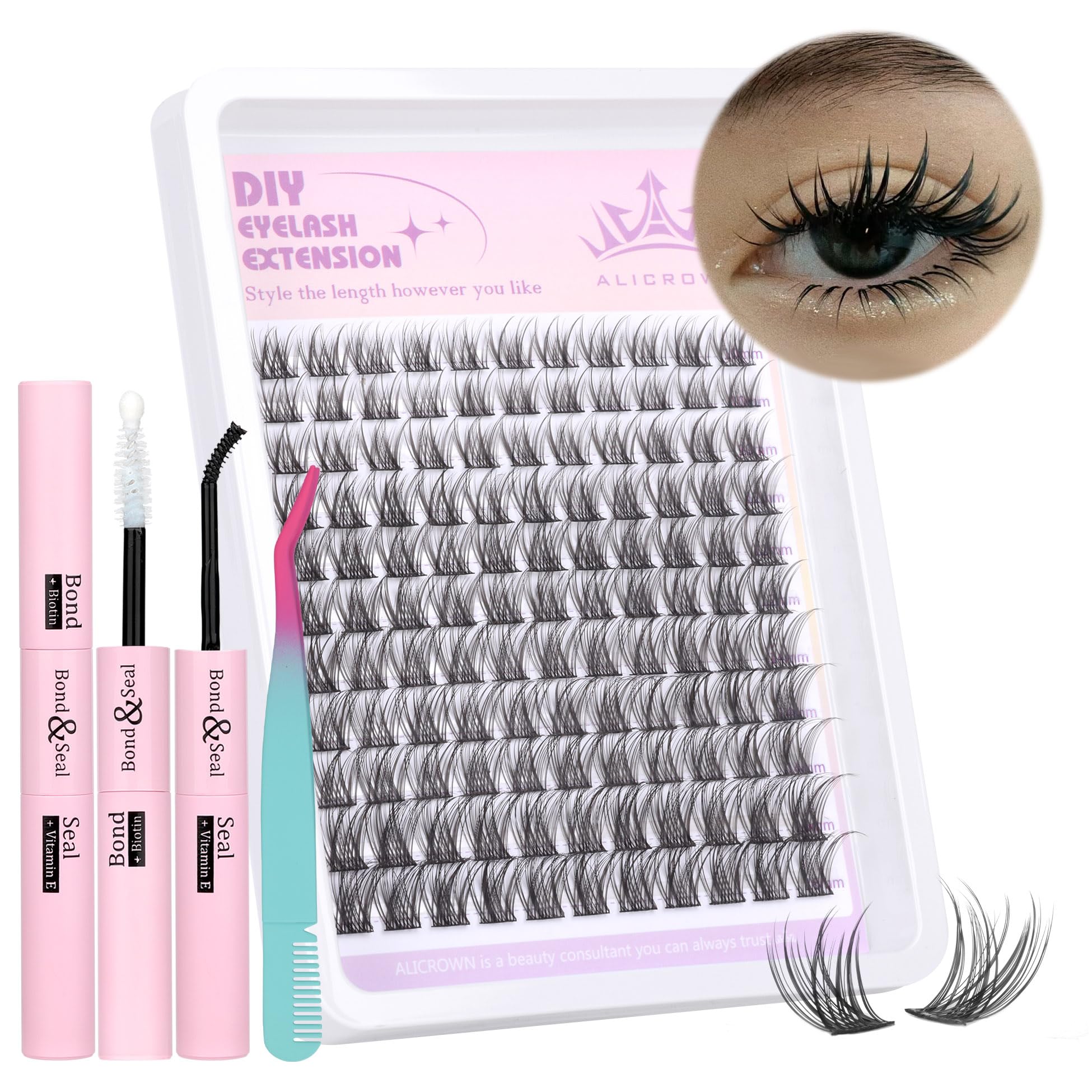 ALICROWN HAIR Natural Lash Clusters Kit Wispy Eyelash Extension Kit 110Pcs DIY Individual Lashes Kit Asian Lightweight Cluster Lashes Extension Kit(10MM, 12MM, 14MM, 16MM), Black