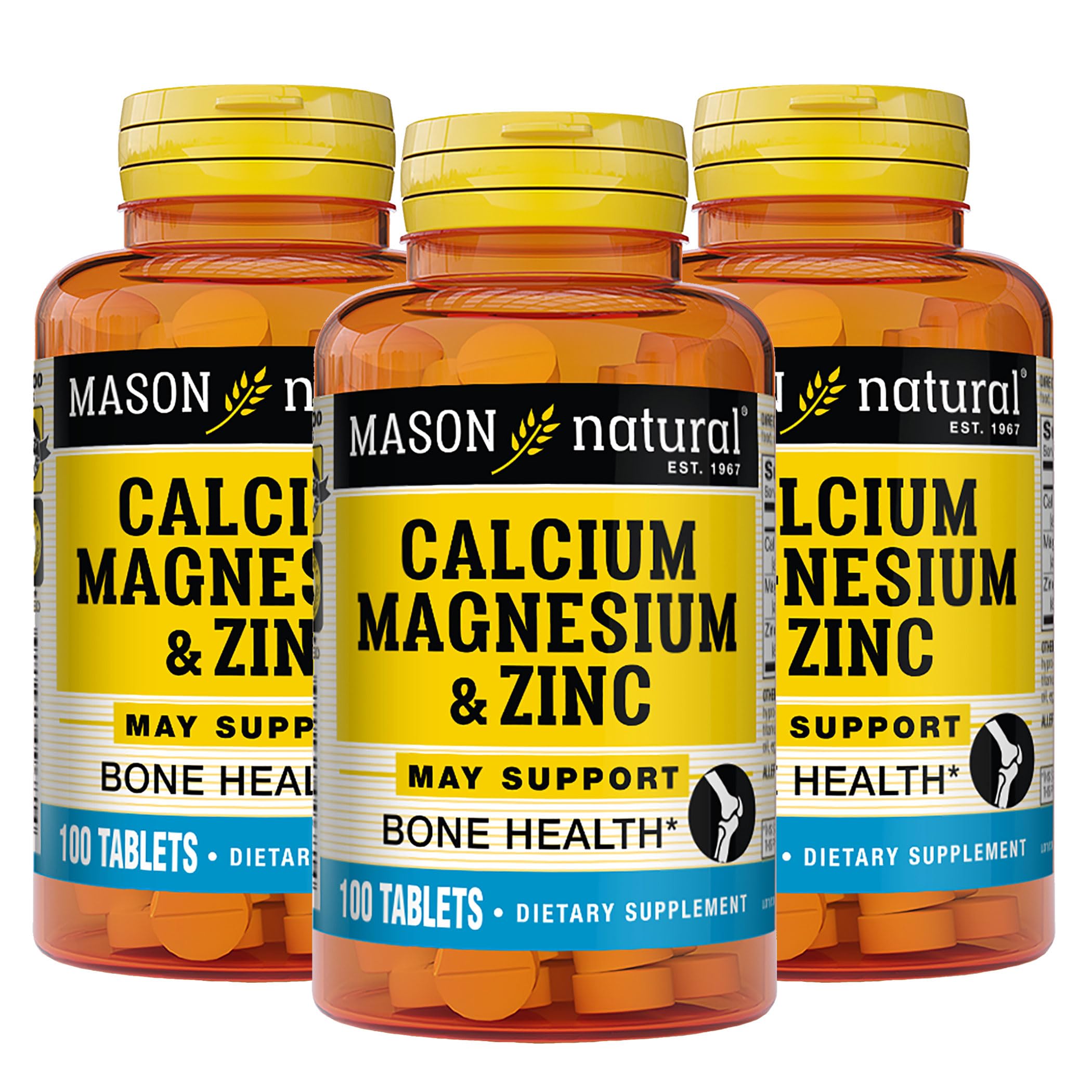 Mason Natural Calcium Magnesium & Zinc - Supports Healthy Bones, Enhances Muscle and Nerve Function, Immune System Booster, 100 Tablets (Pack of 3)