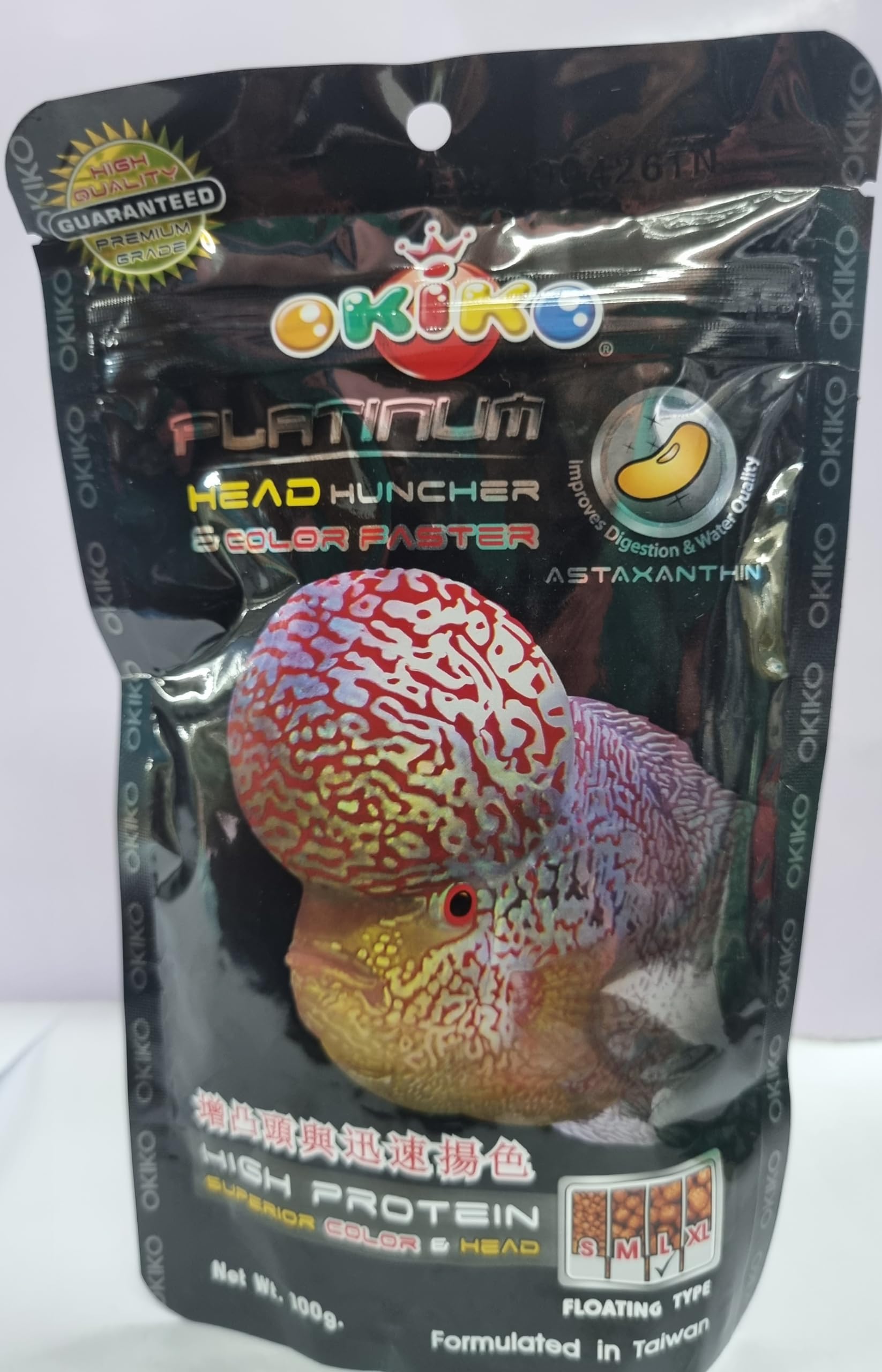 fisdoc Okiko Platinum Flower Horn Fish Food|Original Quality Good Hump Shape In Flower Horn| Vibrant Colors &Fast Growth - All Life Stages, Pellet, 100 G