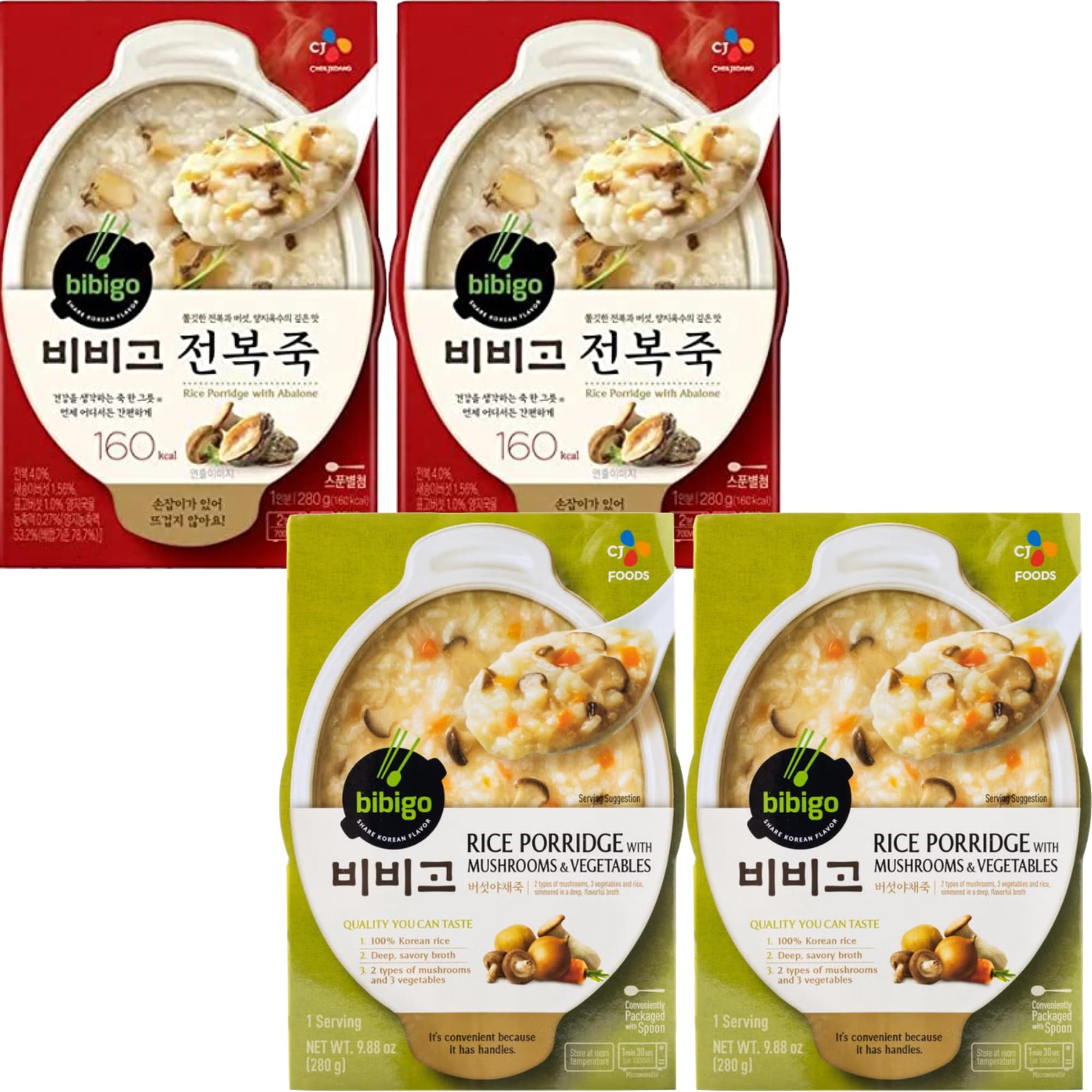 Bibigo Korean Rice Porridge Instant Ready Meal Combo Pack - 2 Abalone, 2 Mushroom&Vegetable - 4 pack x 10oz each - 비비고 전복죽 버섯죽