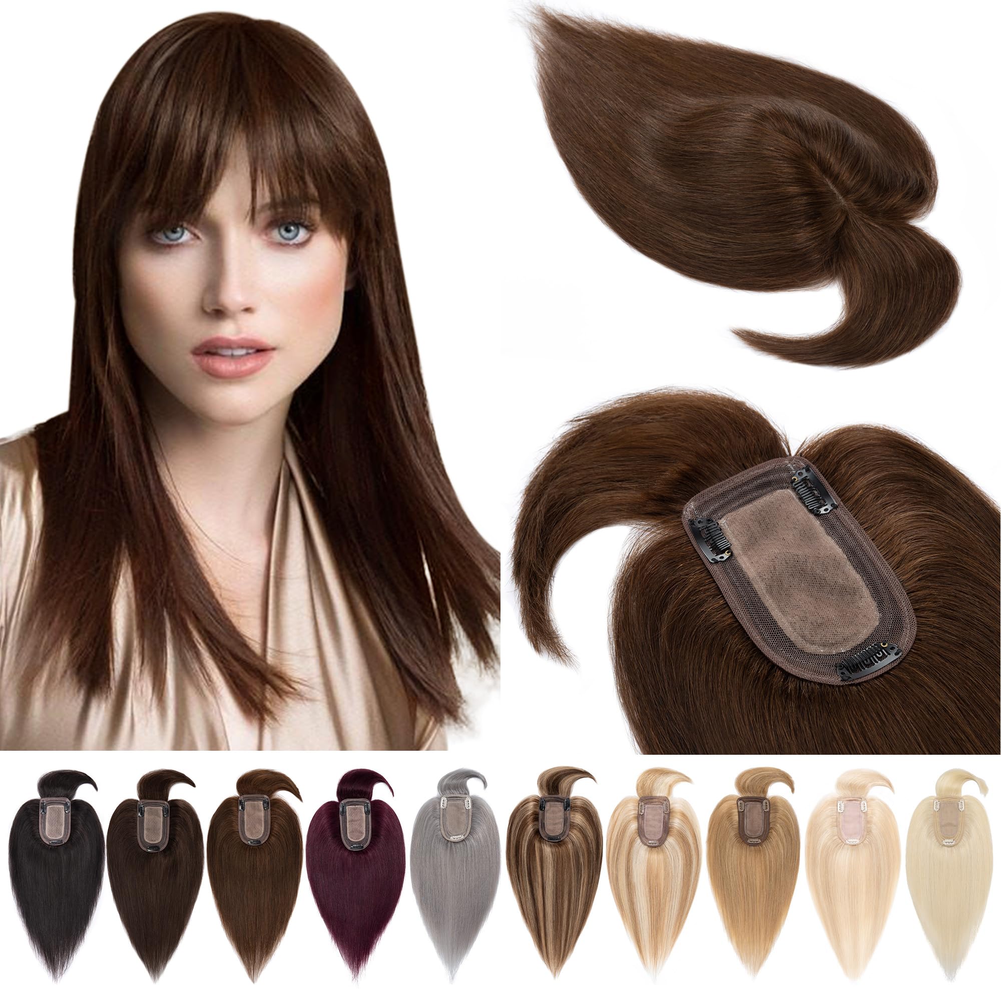 SEGOHAIR Hair Toppers for Women Real Human Hair With Bangs Silk Base 150% Density Clip In Topper Hairpieces Wiglet Top Hair Pieces for Women With Thinning Hair -6 Inch Medium Brown