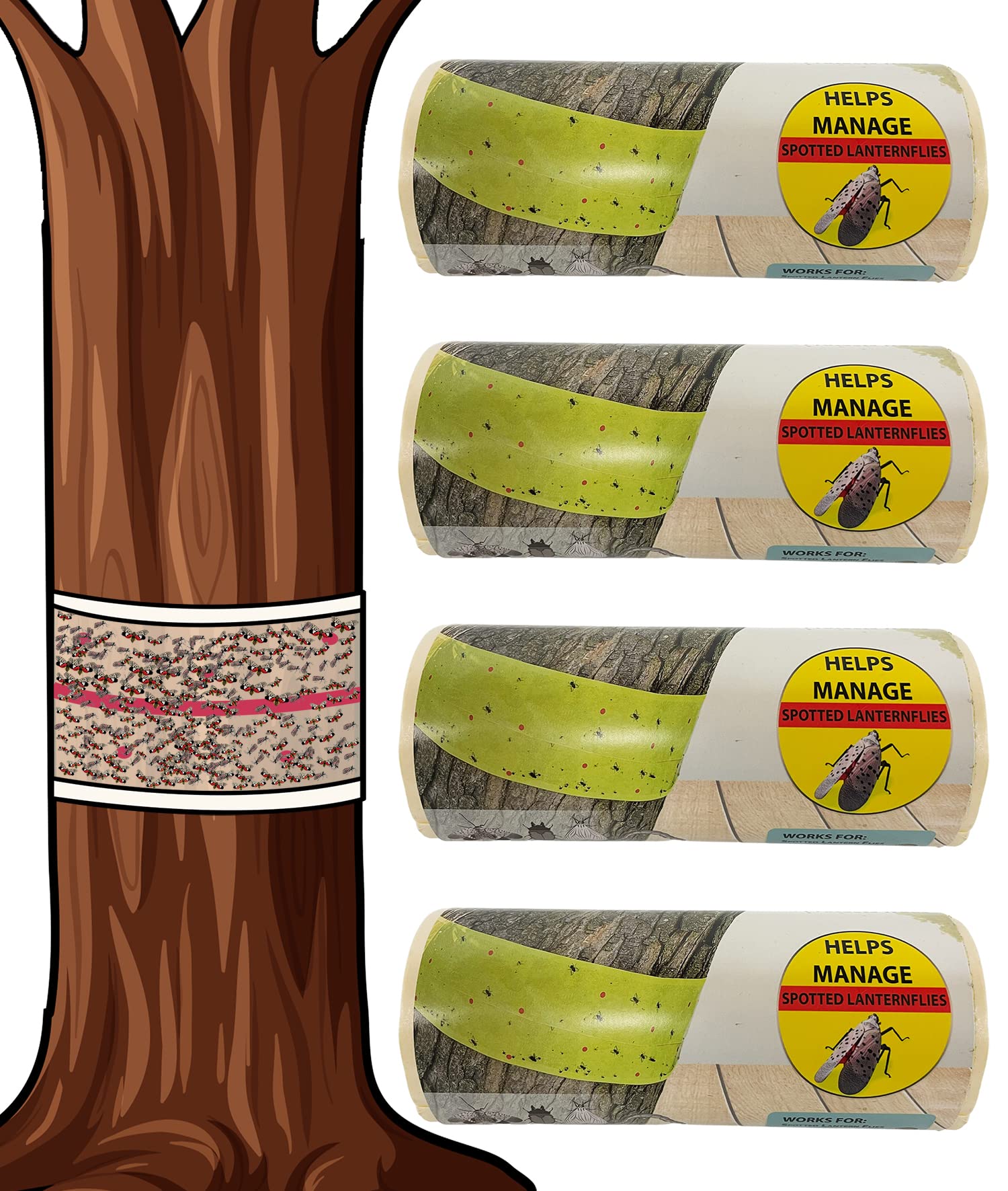 W4W, Spotted Lantern Fly Tree Trap - 4 Rolls (30 Feet Each Roll) - Lanternfly Tree Tape Creates a Sticky Barrier Protecting Trees from Harmful Insects - Non-Toxic