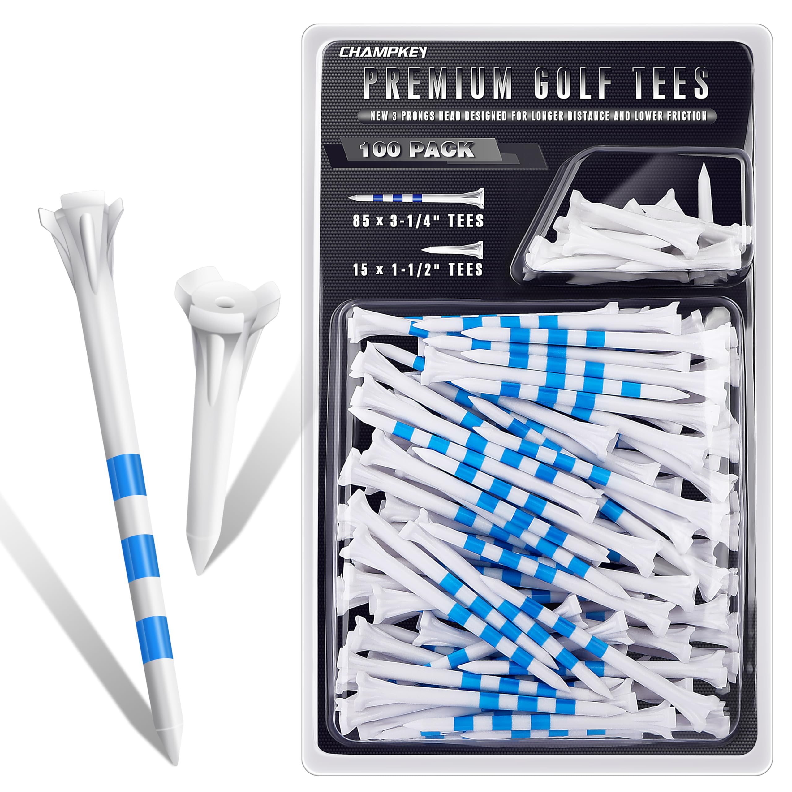 CHAMPKEYOriginal Plastic Golf Tees 100 Pack | 85 Driver Tees with 15 Iron/Hybrid Tees Mixed Pack | Low Friction and Resistance Golf Plastic Tees