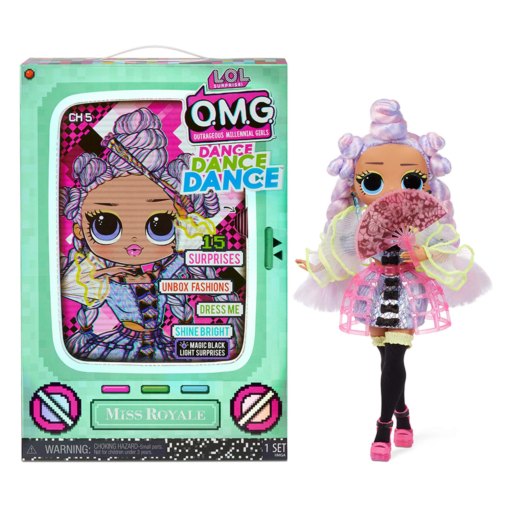 L.O.L. Surprise!OMG Dance Dance Dance Miss Royale Fashion Doll with 15 Surprises Including Magic Black Light, Shoes, Hair Brush, Doll Stand and TV Package Great Gift for Girls Ages 4+, multi