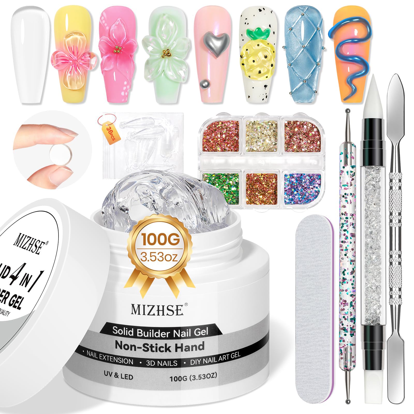 MIZHSE100g Solid Builder Gel for Nails, Large Capacity Clear Hard Gel for Nails 3D Sculpting Gel for Nail Art Gel U V LED Nail Builder Gel Kit with 3D Silicone Pen, for Nail Salon Home DIY