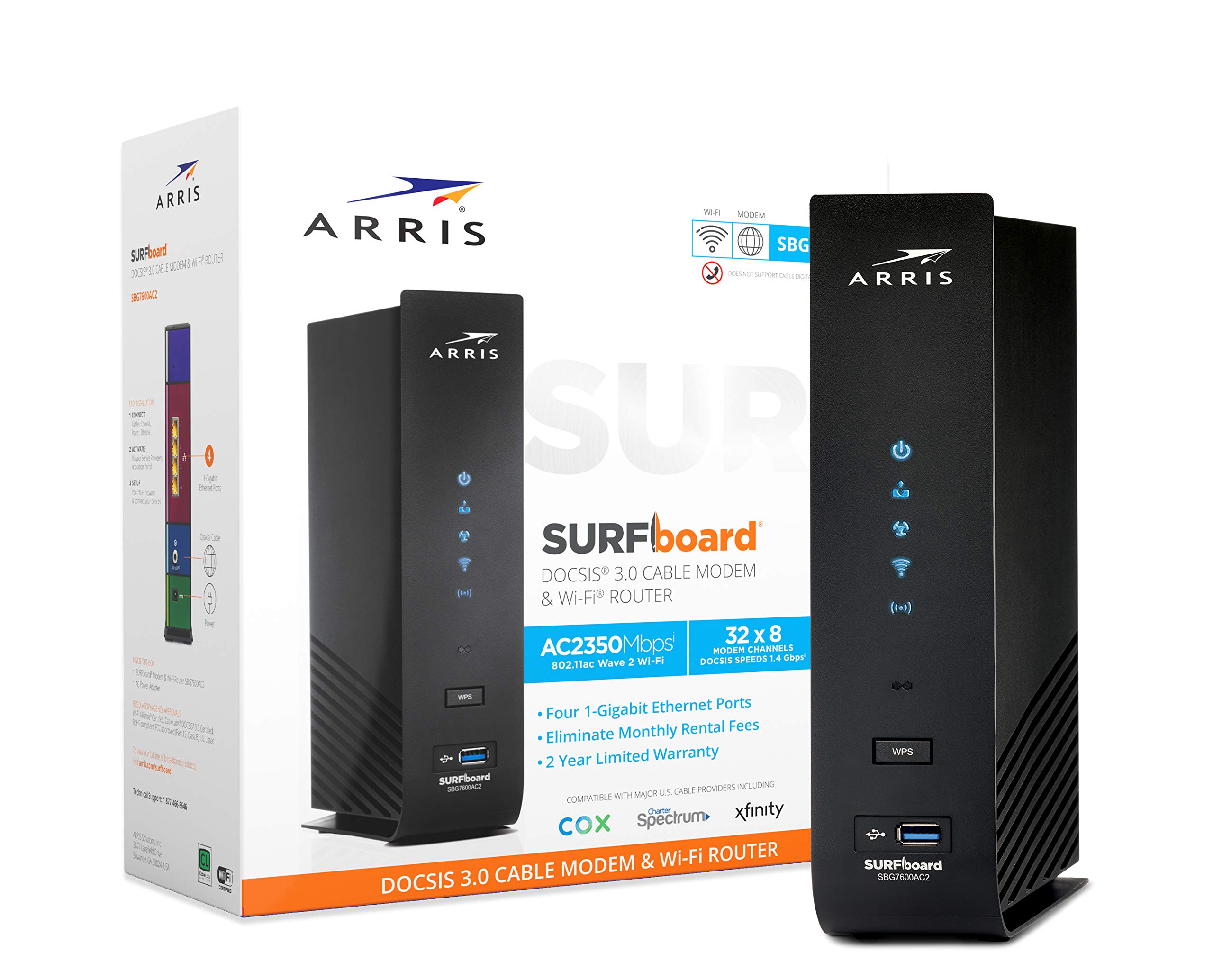 ARRIS SURFboard SBG7600AC2 DOCSIS 3.0 Cable Modem & AC2350 Wi-Fi Router , Approved for Comcast Xfinity, Cox, Charter Spectrum & more , Four 1 Gbps Ports , 800 Mbps Max Internet Speeds