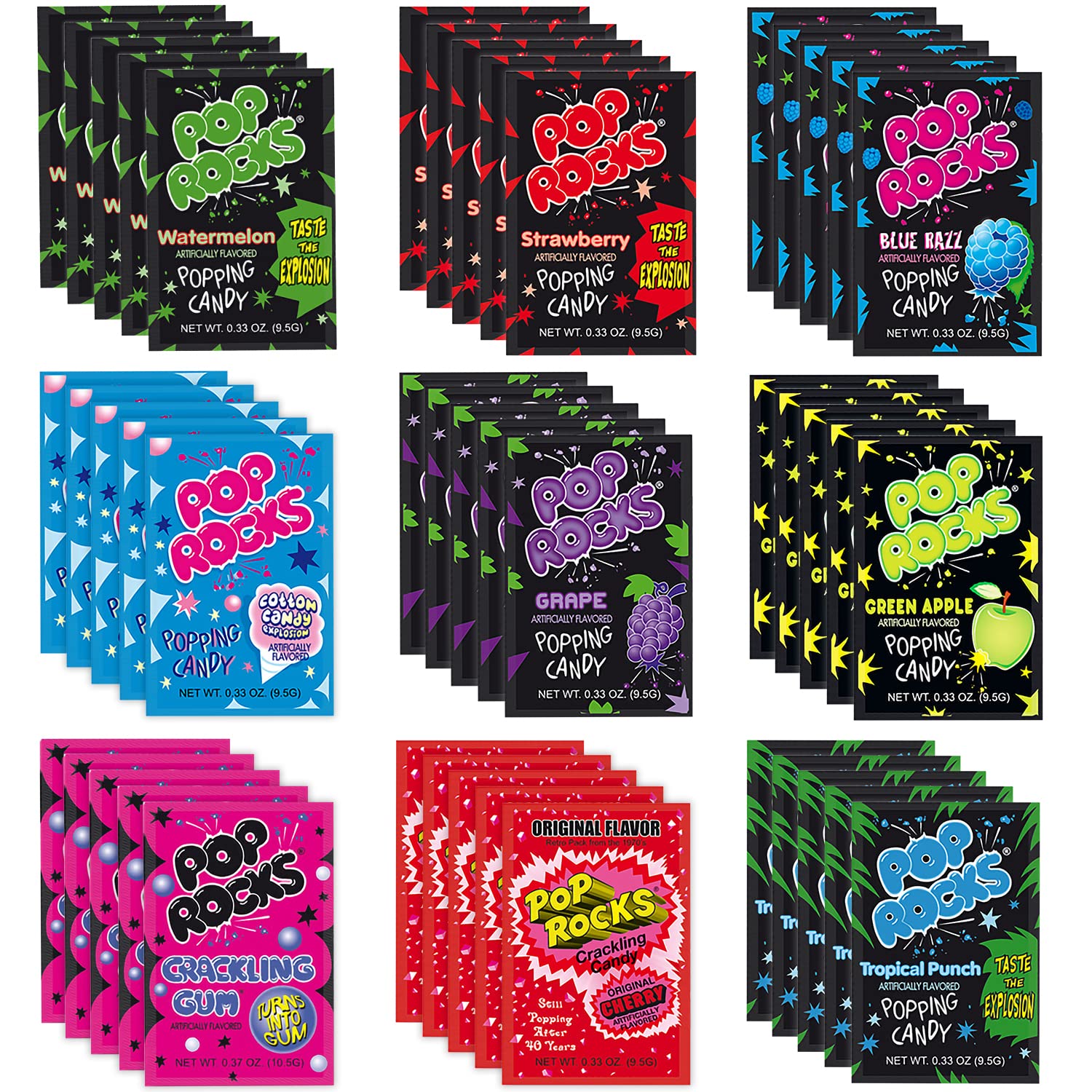 Pop Rocks Candy Variety - old school rock candy - Popping Candy - nostalgic candy - all 9 pop rocks candy flavors- Bulk Candy - Boxed by THE HUNGRY GORILLA (45 pack)