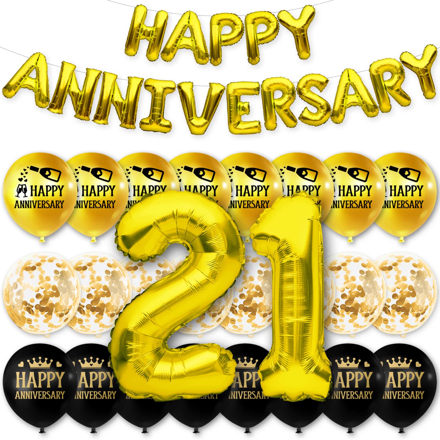 PartyForever 21st Anniversary Decorations Gold Number Balloons Set with HAPPY ANNIVERSARY Balloon