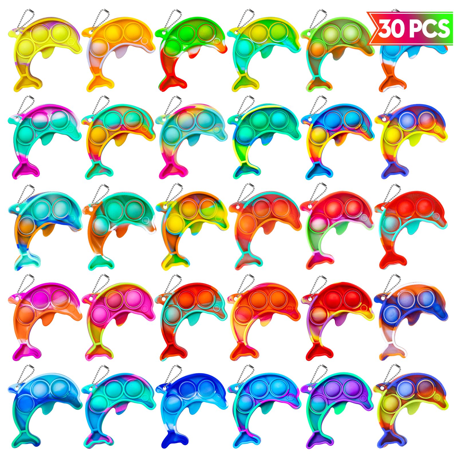 Pop Fidget Toys Bulk Its Kids Party Favors 30 PCS Cute Dolphin Mini Pop Keychain It Sensory Fidget Toy Pack Fidgets for Classroom Prizes for Kids Students Carnival Prizes Birthday Goodie Bag Stuffers