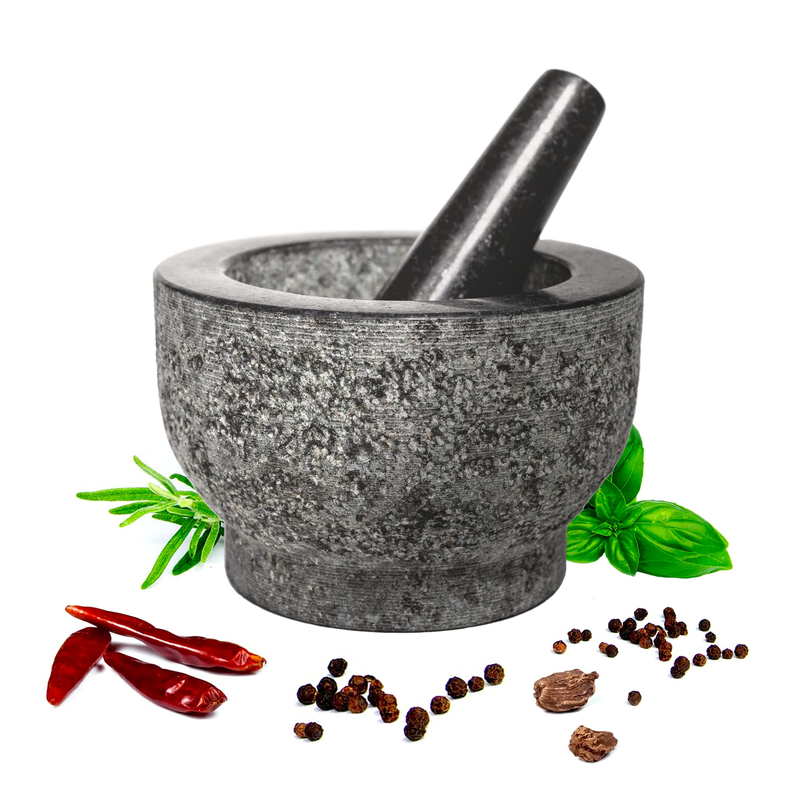 HiCoup Kitchenware Granite Mortar and Pestle by HiCoup - Natural Unpolished, Non Porous, Dishwasher Safe Mortar and Pestle Set, 6 Inch Large