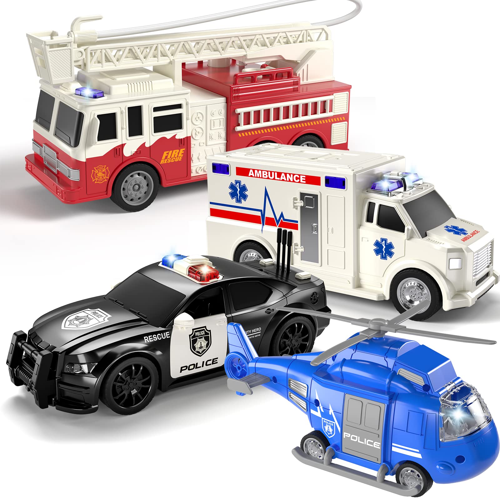 TEMI 4 Pack Emergency Rescue Vehicles Toys Playsets for Kids, Rescue Helicopter, Police Car, Fire Truck, Ambulance Friction Powered Toys for Toddlers, Toys Gift for Age 3-12 Boys Girls