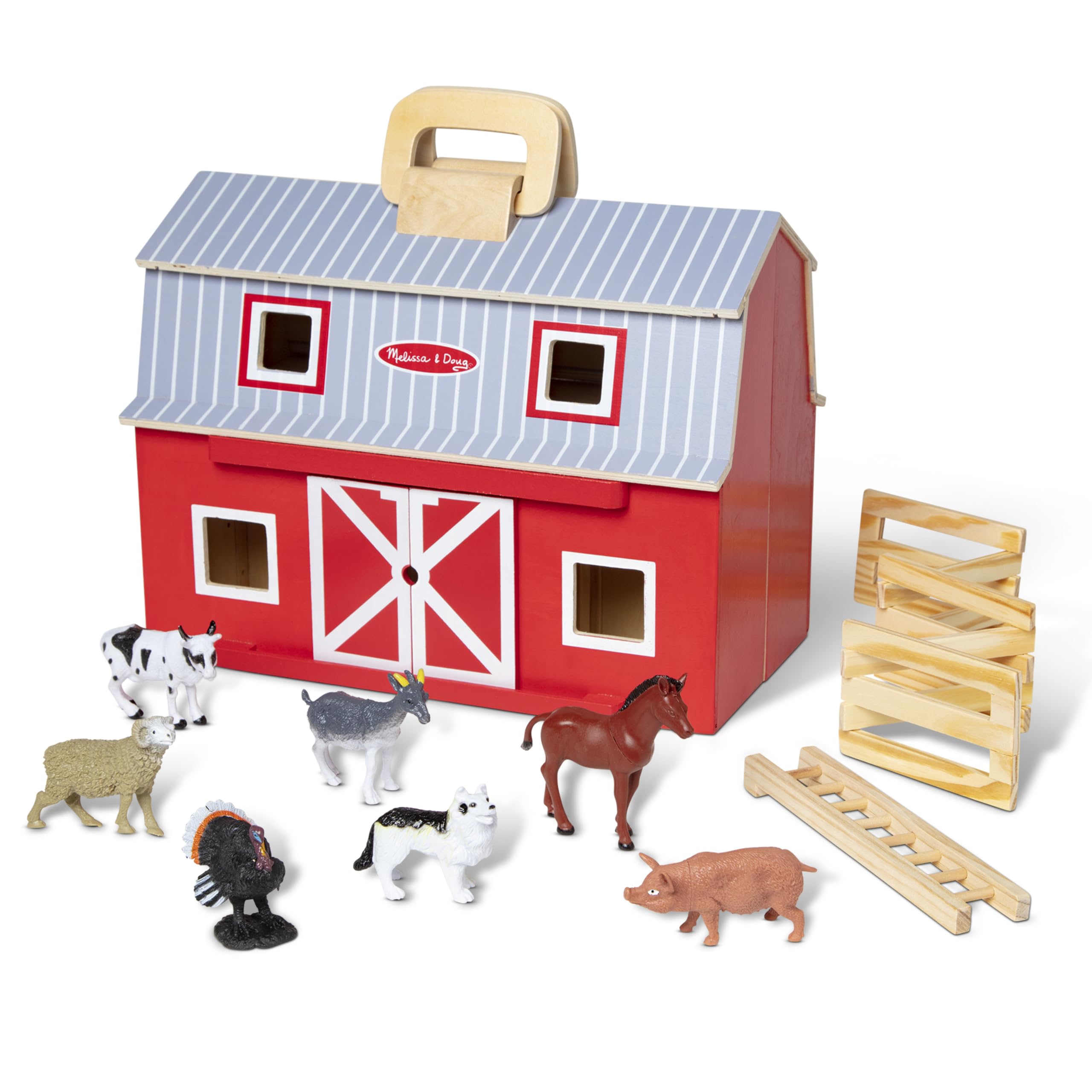 Melissa & Doug Fold and Go Wooden Barn With 7 Animal Play Figures - Farm Animals Portable Toys For Kids And Toddlers Ages 3+