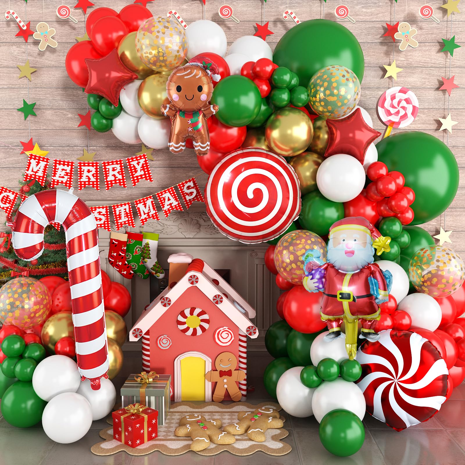 Christmas Balloon Garland Arch Kit, Christmas Red White Green Balloons with Santa Claus Gingerbread Lollipop Cane Windmill Star Foil Balloons, Metalic Gold Balloons for Christmas Party Decorations