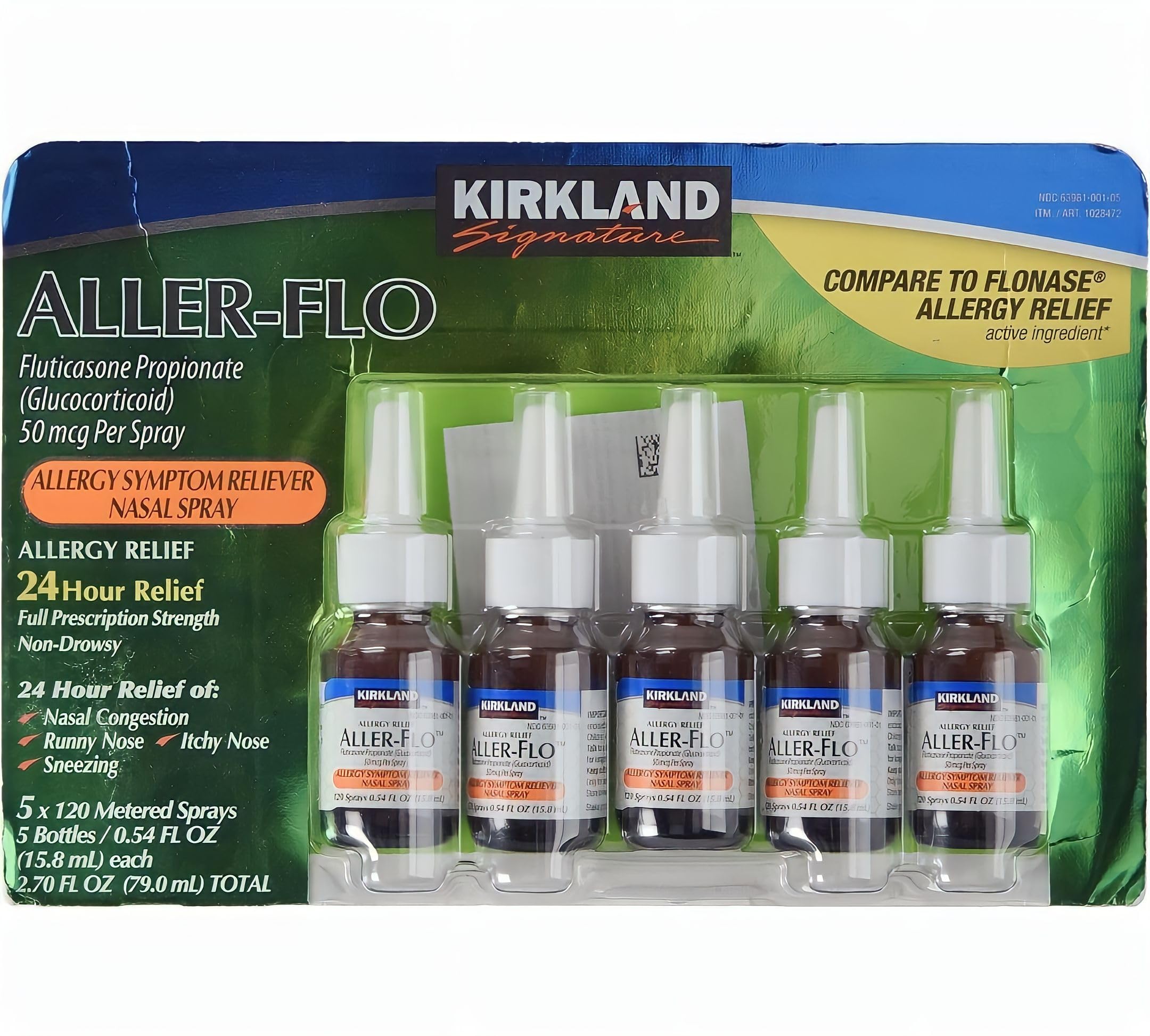 KIRKLANDSIGNATURE Aller-Flo Fluticasone Propionate (Glucorticoid) 5 Bottles x 120 Metered Sprays 0.54 Fl OZ per Bottle (15.8 mL x 5) 2.70 OZ Total (79 mL Total) 600 Total Sprays Total, 1-Pack