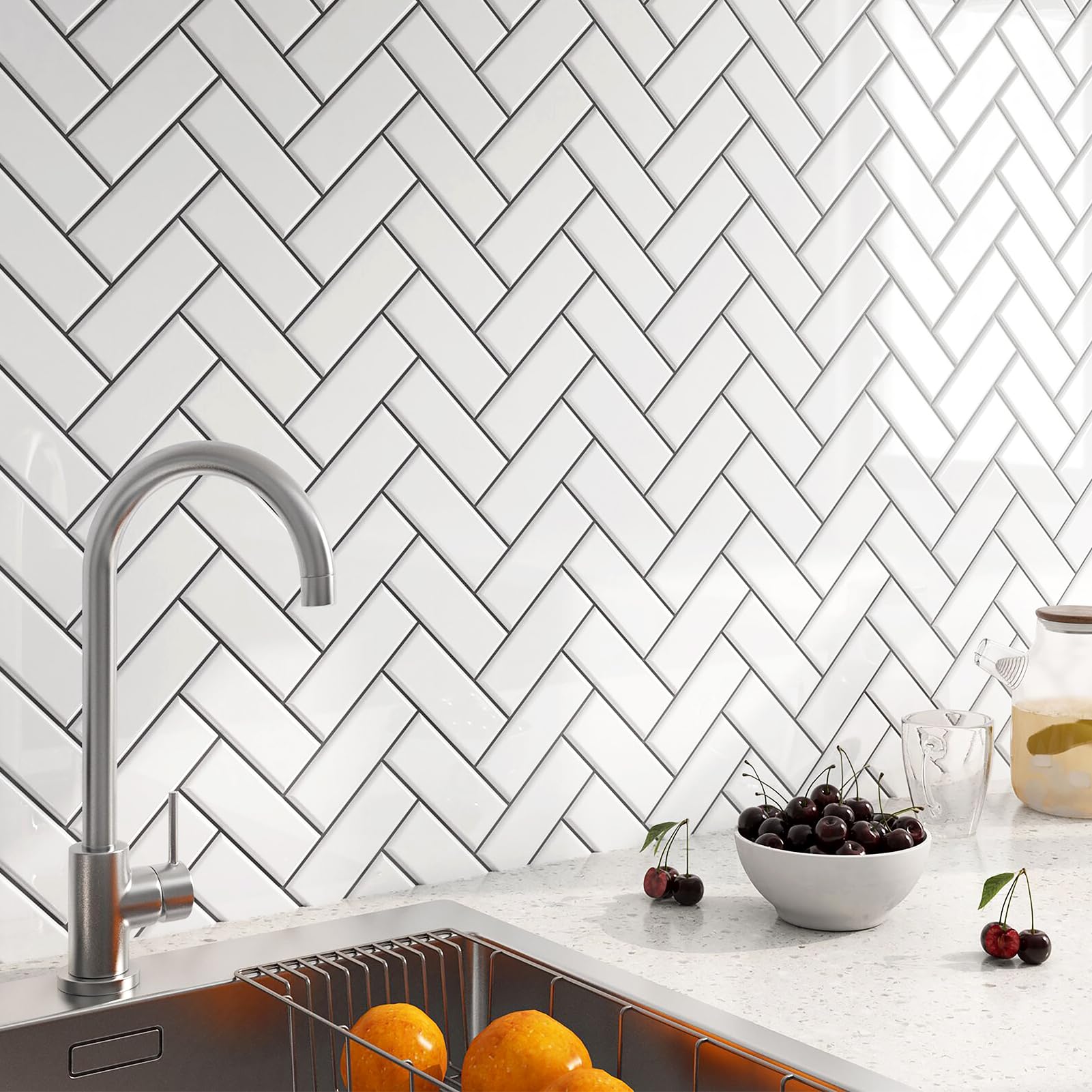 FunStick White Herringbone Peel and Stick Backsplash for Kitchen 12"x12" Peel and Stick Tile Stickers Self Adhesive Stick on Backsplash Wall Tiles for Kitchen Bathroom Shower RV Waterproof 5 Sheets