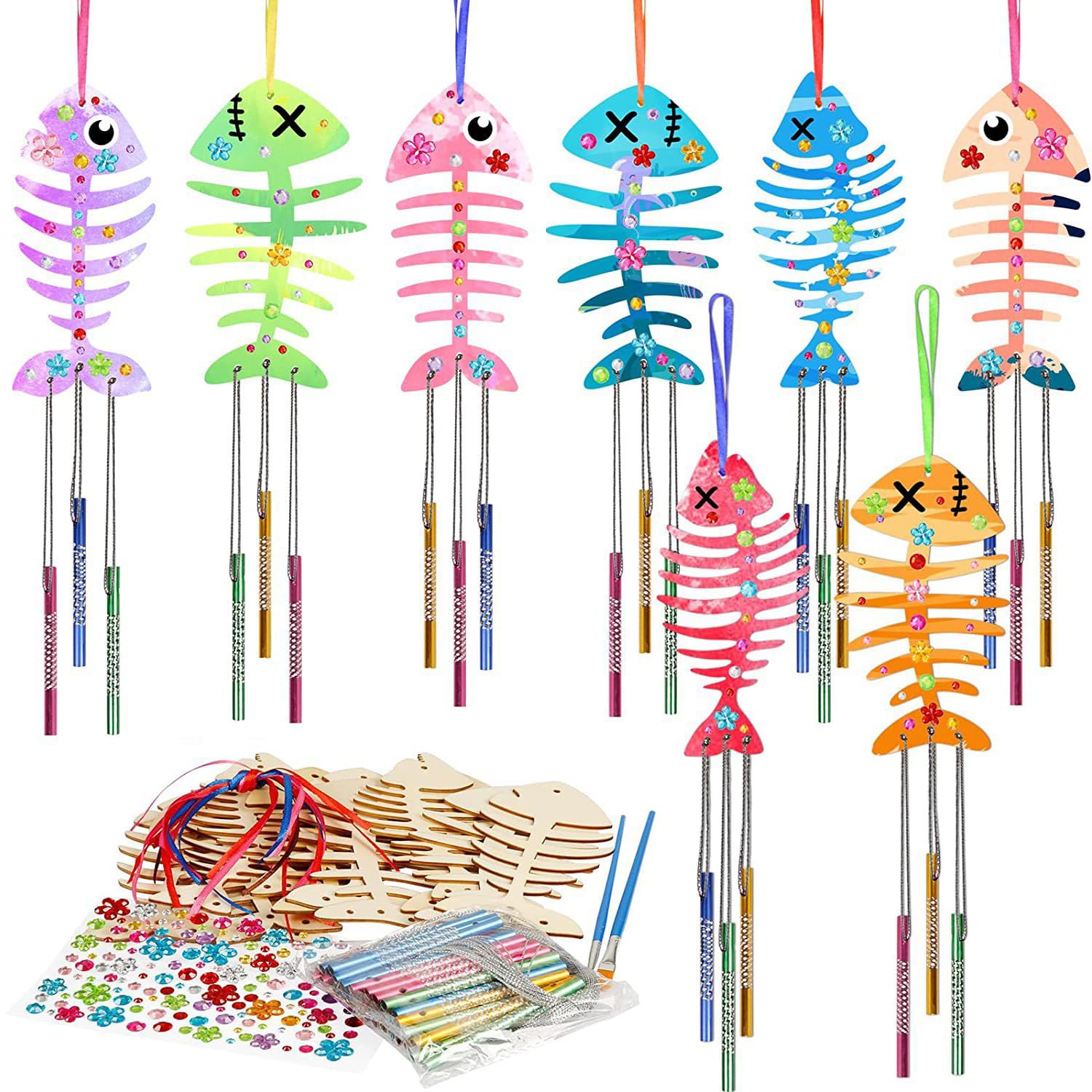 Masroo 12 Pack Wind Chime Kit Spring Craft for Kids Wooden Arts and Crafts for Girls Boys Make Your Own Fish Wind Chime Ornaments DIY Coloring Fish Craft for Birthday Party Supplies