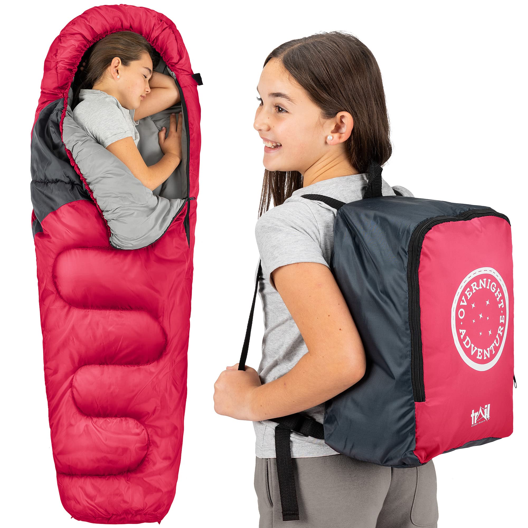 Trail Kids Sleeping Bag Mummy Shape 3 Season Camping 300gsm Boys Girls with Lightweight Rucksack Bag