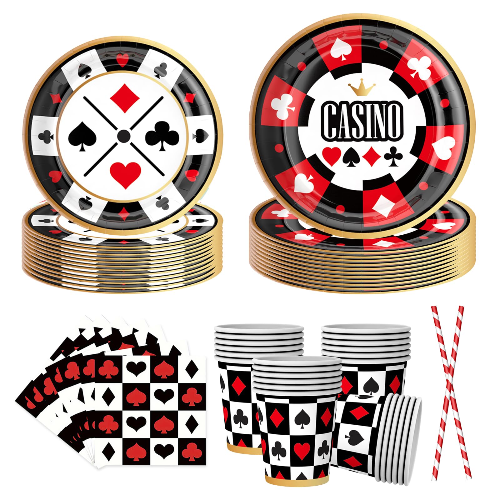 50PCS Casino Party Supplies Poker Party Tableware Set,Include Straw Paper Cups Plates and Napkins Set Disposable Party Supplies Decorations for Birthday Weddings Party Supplies