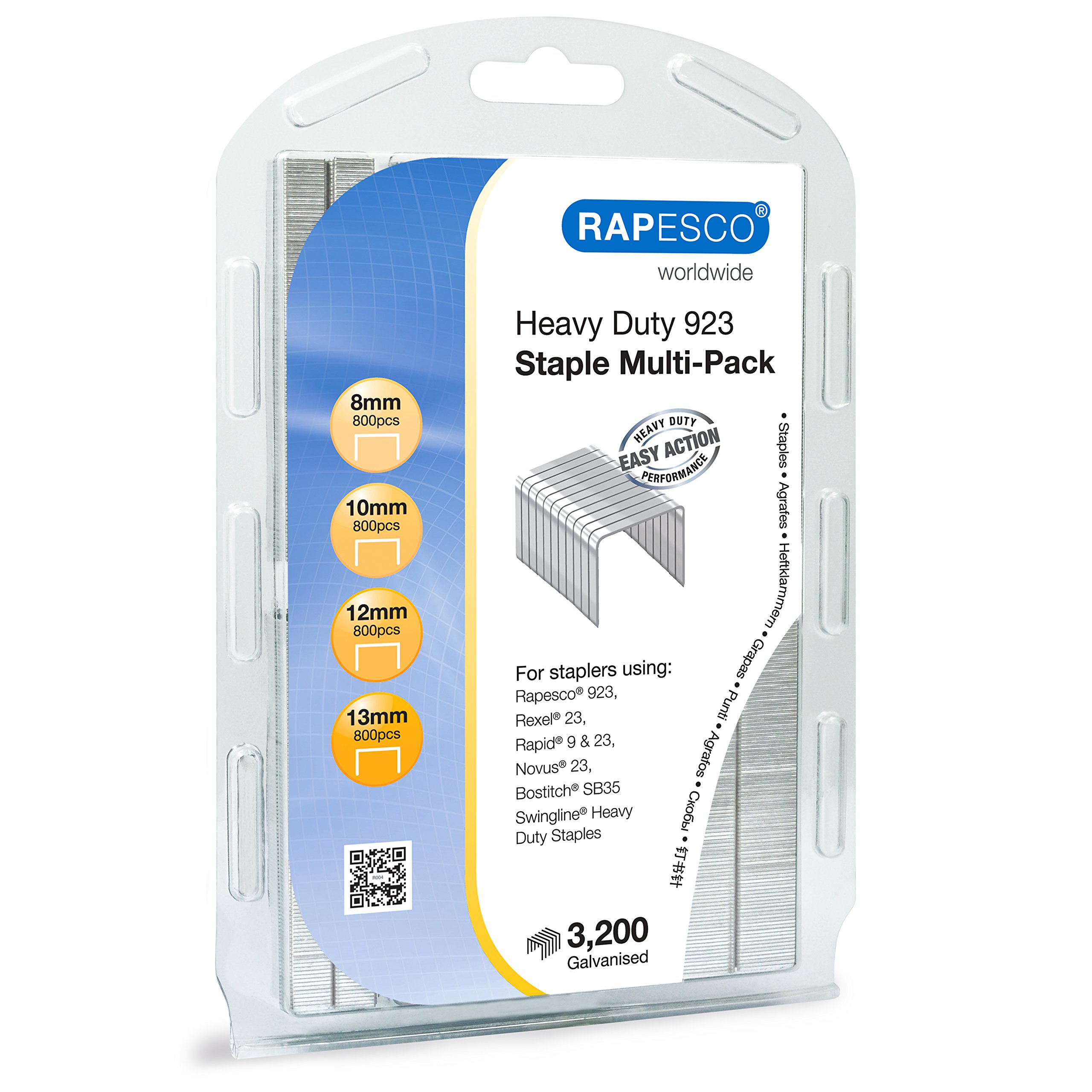 Rapesco 1246 Assorted Type 923 Heavy-Duty Staples, Leg Lengths 5/16" to 3/64", Pack of 3200