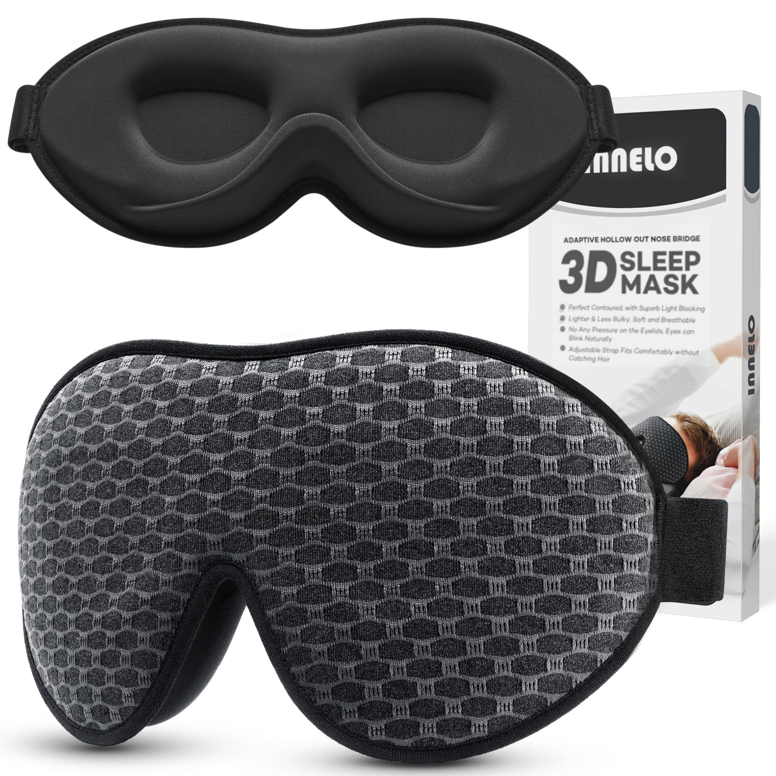 INNELO Sleep Mask, 2024 Soft Comfortable Light Blocking Eye Mask for Sleeping for Men Women, 3D Contoured Breathable Sleeping Mask No Pressure for Sleeping Travel Nap Insomnia