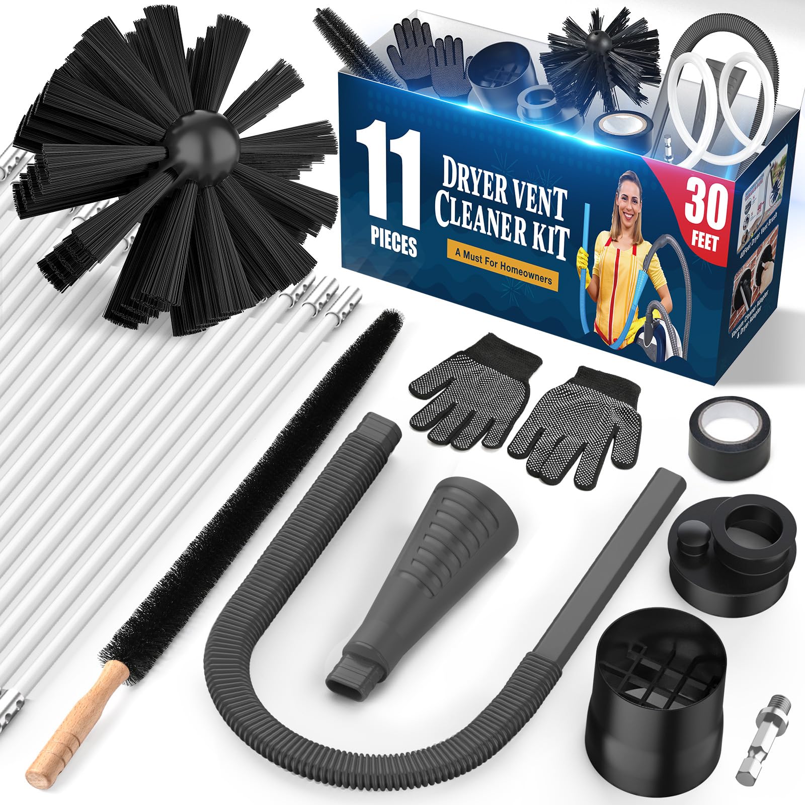 Sealegend 7-Pieces Dryer Vent Cleaner Kit Omnidirectional Dryer Cleaning Kit Include 30 Feet Dryer Vent Brush, Blue Dryer Lint Vacuum Attachment&Dryer Lint Trap Brush, Vacuum & Dryer Adapters