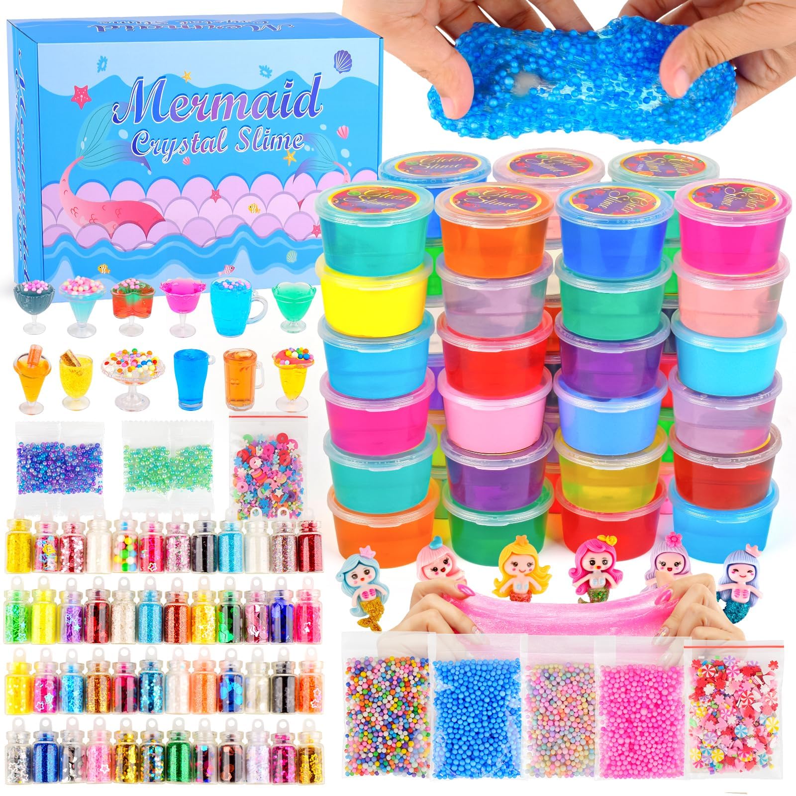 116pcs Slime Party Favors Kit, Fluffy Making Slime Set for Boys Girls, with 36 Clear Slime, 6 Butter Slime, 56 Slime Mixture, Cup Model Mermaid Charm, Birthday Christmas DIY Slime Toy for Kids 6-12