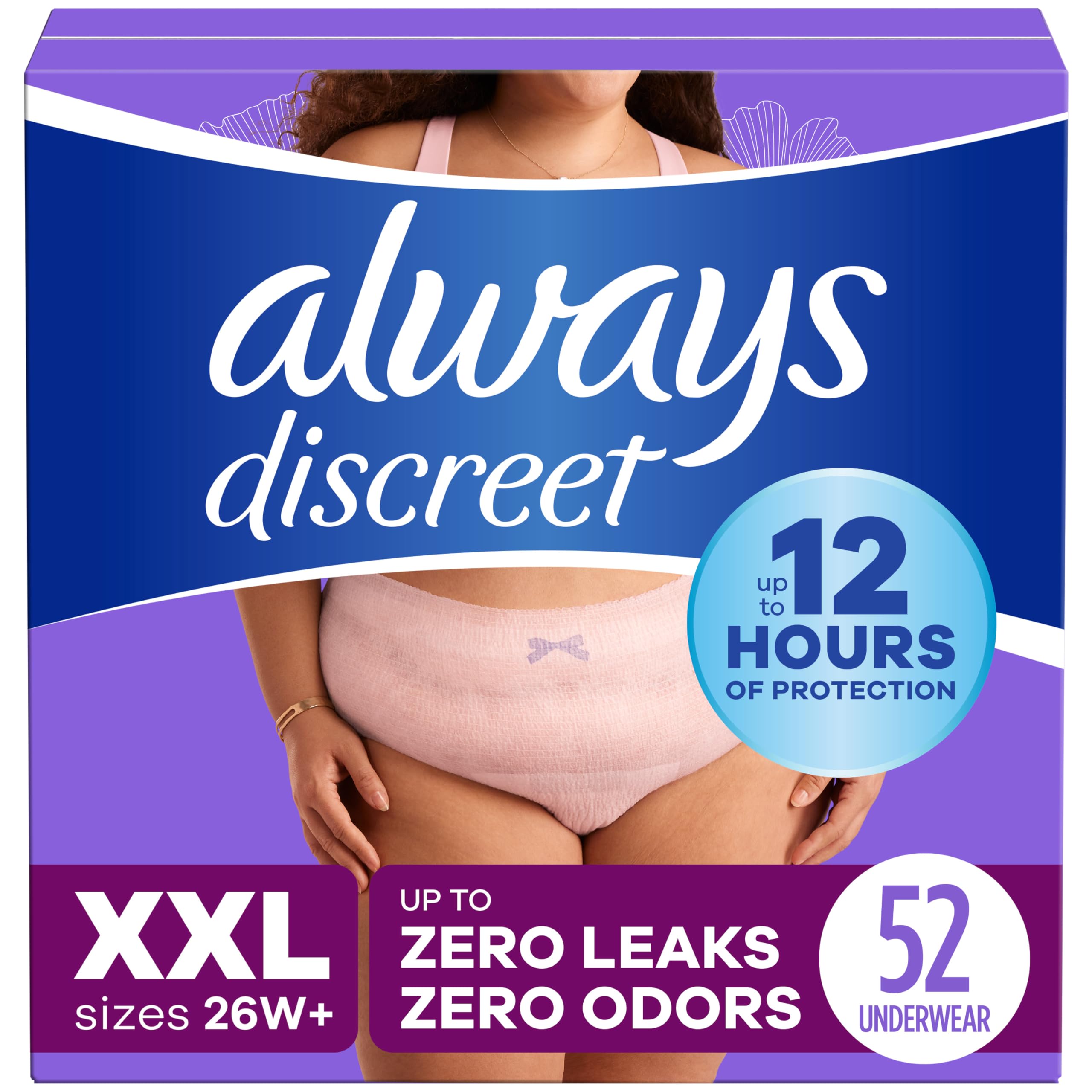 Always DiscreetAdult Incontinence Underwear for Women and Postpartum Underwear, XXL, Up to 100%* Bladder Leak Protection, 52 CT,