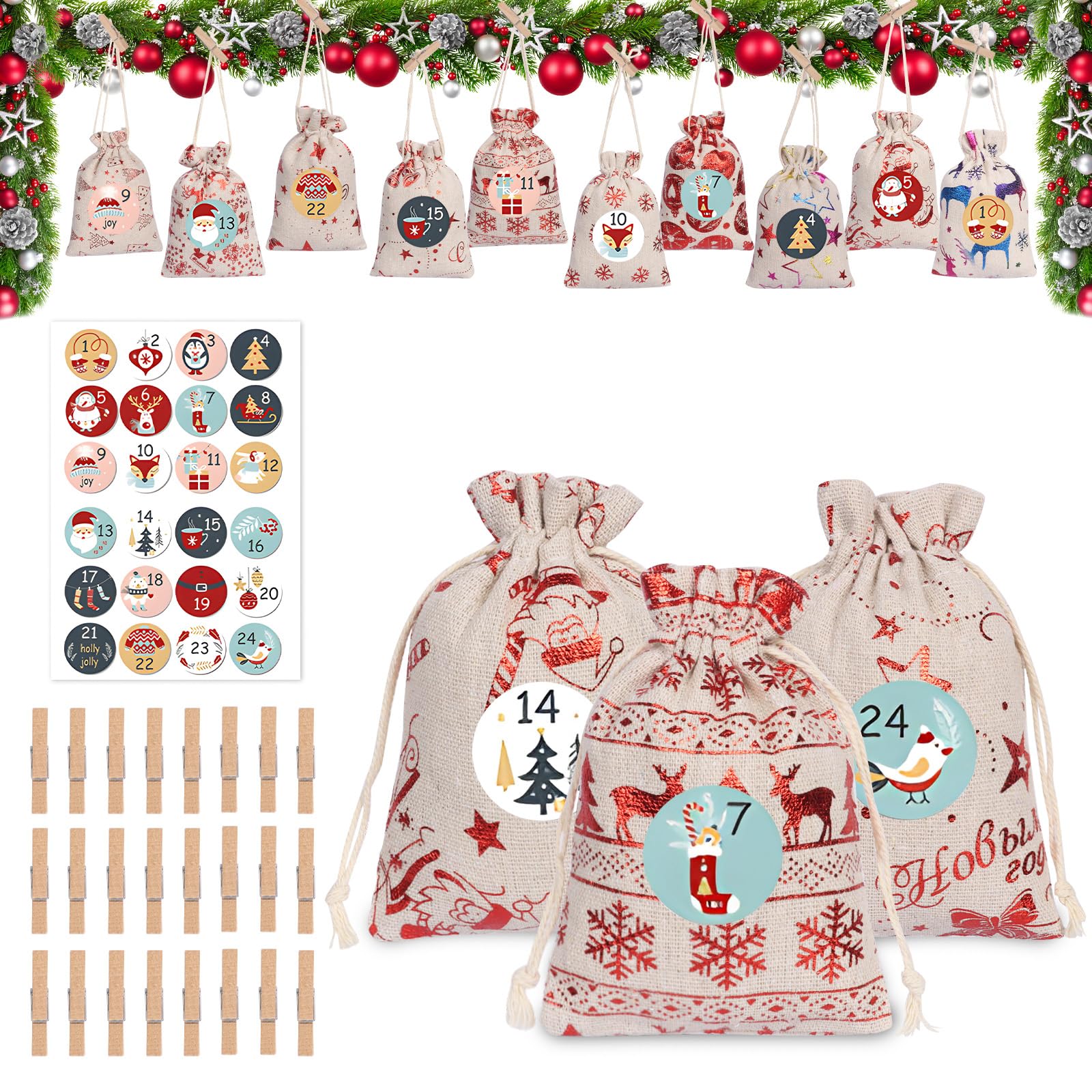 Kaket 24 PCS Christmas Advent Calendar Bags to Fill, 24 Days Calendar Burlap Bags, DIY Countdown Burlap Hanging Drawstring Gift Bag with Advent Numbers Stickers, Clips, Rope (Style 2)