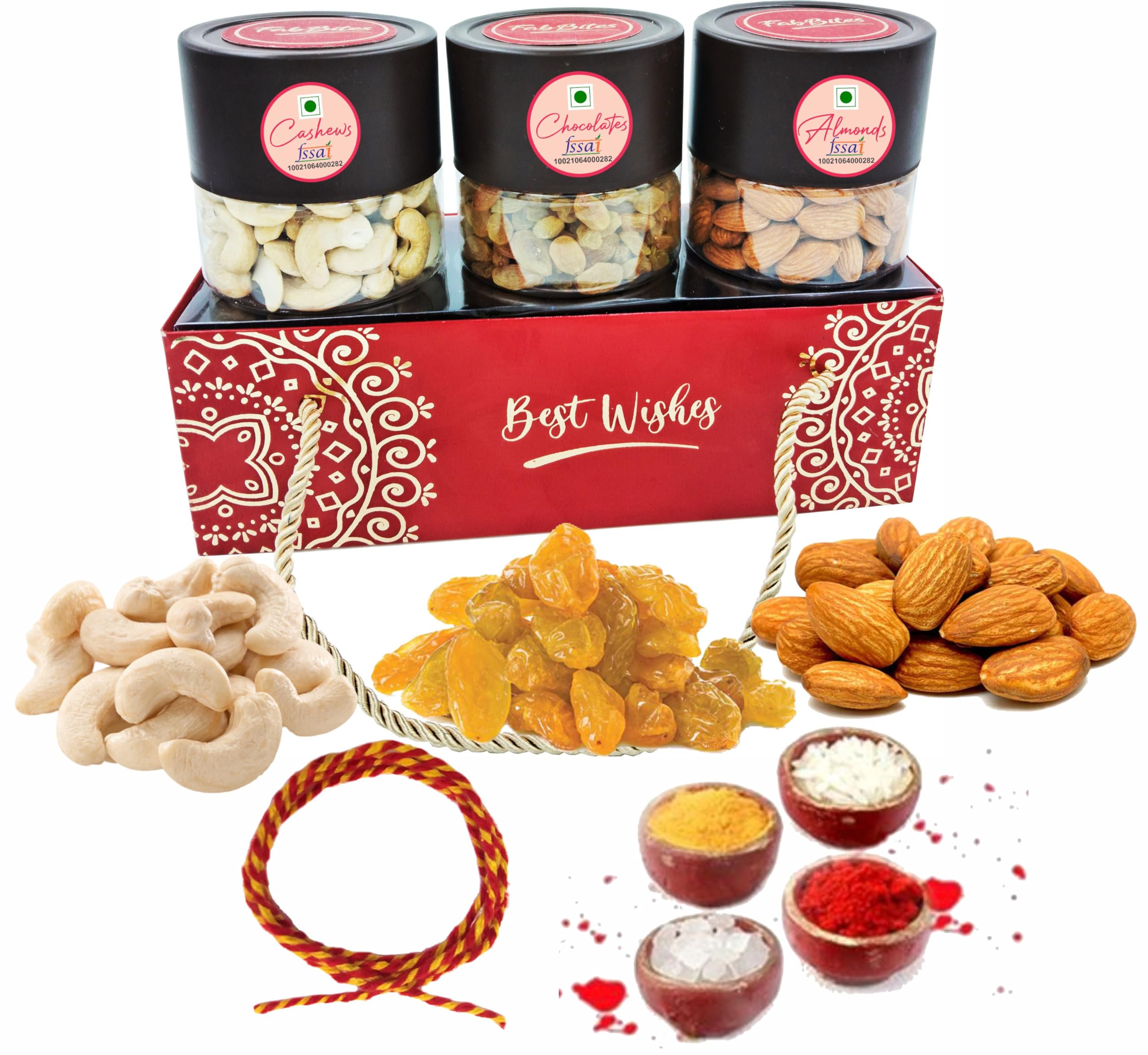 Bhai Dooj Dry Fruits Gift Hamper-Bhai Dooj Tikka with Dry Fruit- Almond, Cashew, Raisin in Premium Hamper for Brother/Bhaiya or Bhabhi