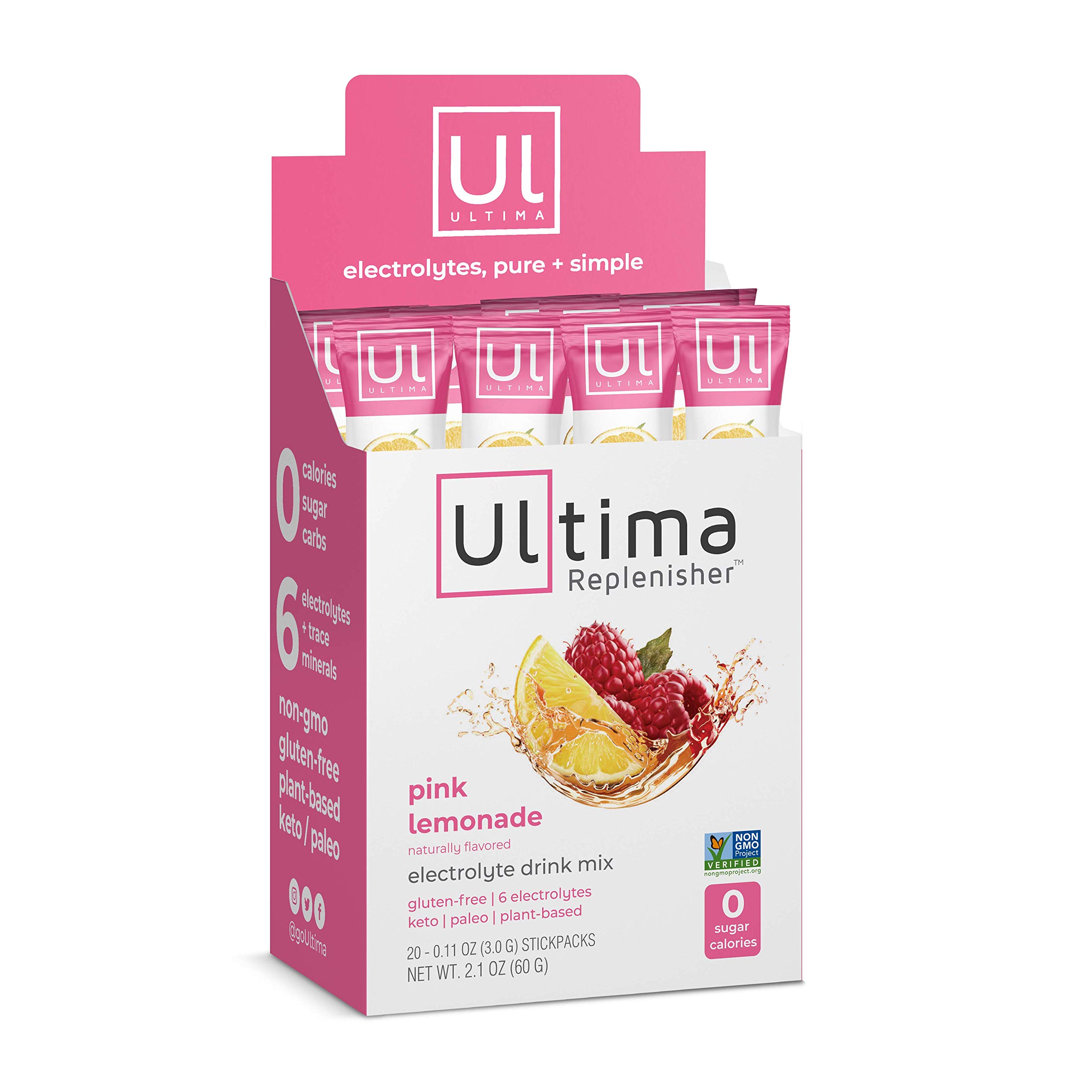 Ultima ReplenisherElectrolyte Hydration Drink Mix, Pink Lemonade, 20 Serving Stickpack Box - Sugar Free, 0 Calories, 0 Carbs - Gluten-Free, Keto, Non-GMO, Vegan