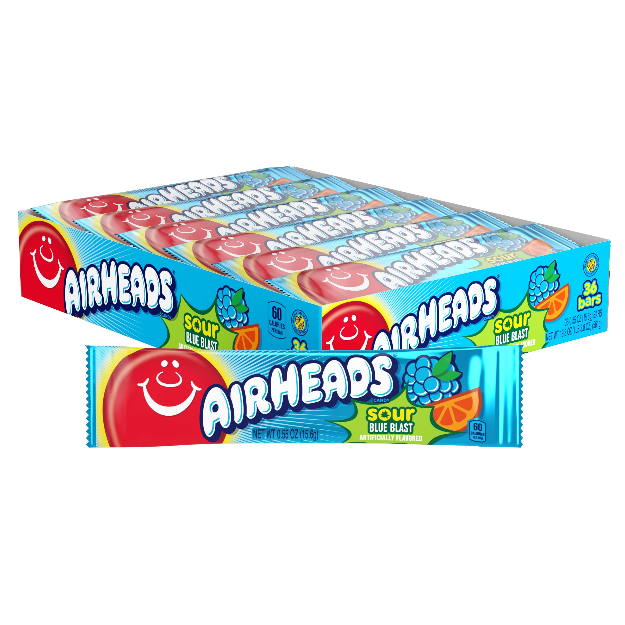 Airheads Sour Full-Size Candy Bars, Taffy Candy, Sour Blue Blast, Individually Wrapped Candy, 36 Count