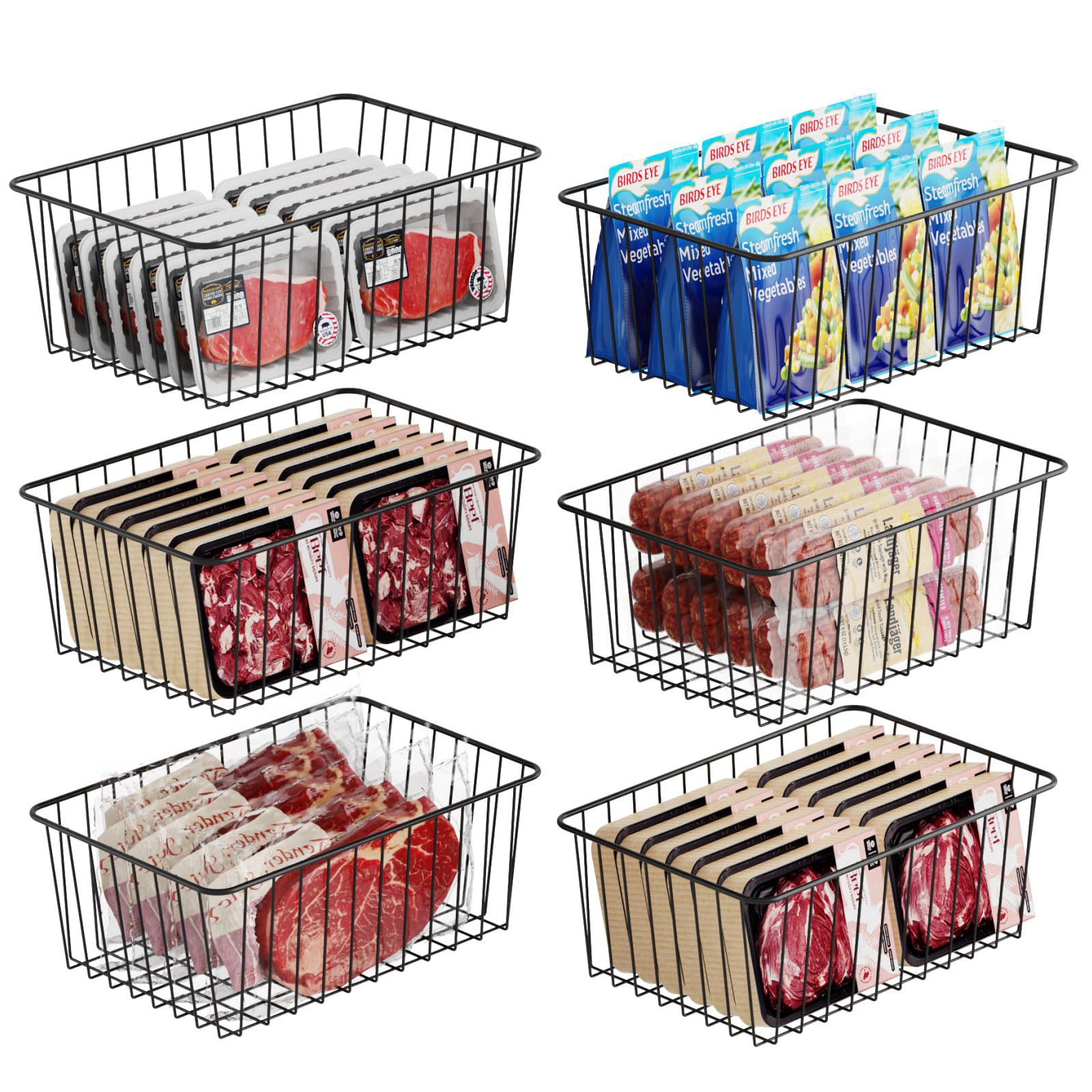 iSPECLE Freezer Organizer Bins - 6 Pack Medium Stand Up Freezer Baskets for 14 and 15 cu.ft Upright Freezer, Sort and Avoid Food Fall over, Easy to Access Frozen Food Allow Air Circulation, Black