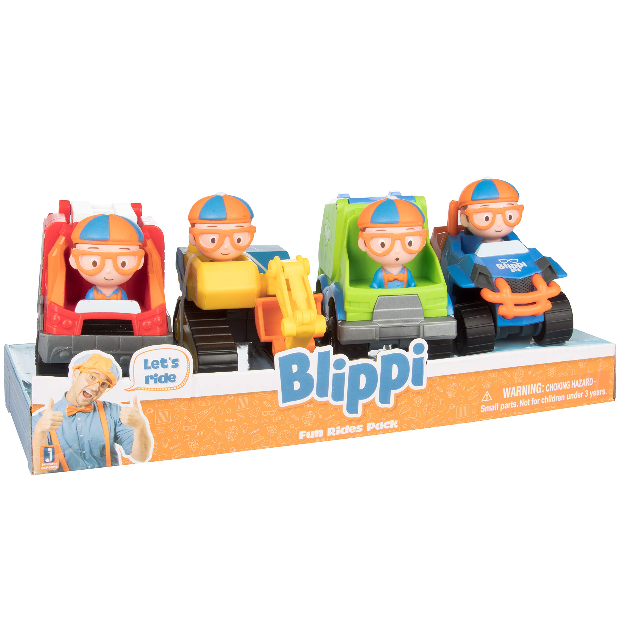 Blippi Toy Construction Vehicles Playset of 4, Large 3 Inch Size - Includes Excavator, Mobile, Fire Engine Truck & Garbage Truck - Officially Licensed - Gift for Kids, Boys & Girls 3+