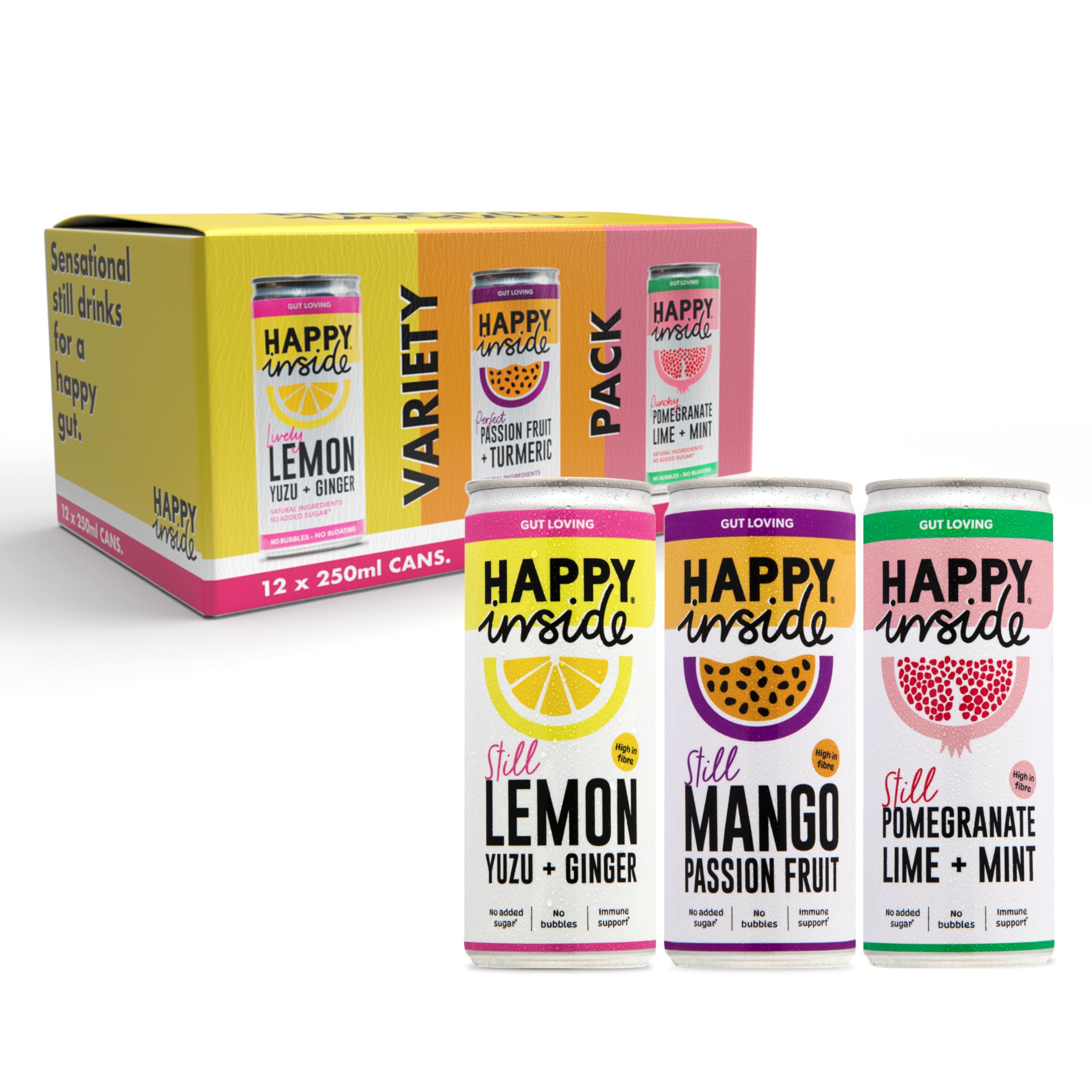 Happy Inside, Refreshing Still Drink, No Added Sugar, Supports Gut Health, High Fibre, Vitamin C, Variety Pack 12 x 250ml