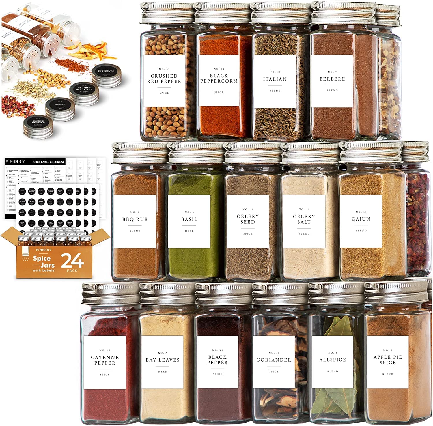 Glass Spice Jars With Labels and Organizer Farmhouse, 24 Pcs Spice Organizer, Spice Seasoning Containers With Shaker Lids, 4oz Clear Spice Bottles Empty Glass Labels Lids Kitchen Spice Organization