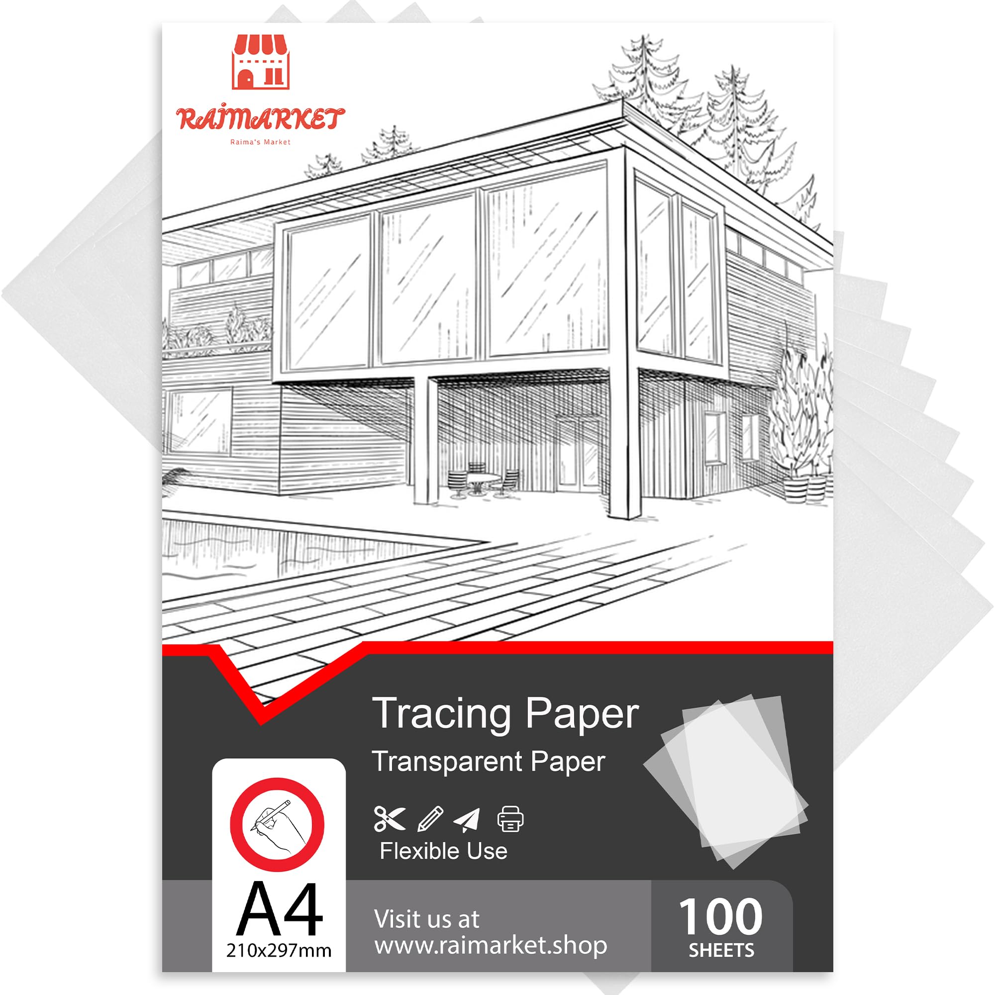 Raimarket Premium Tracing Paper Pack - 9x12 Inches, 100 Sheets Ideal for Drawing, Sewing & Architectural Drafting - 60gsm Transparent Trace Papers