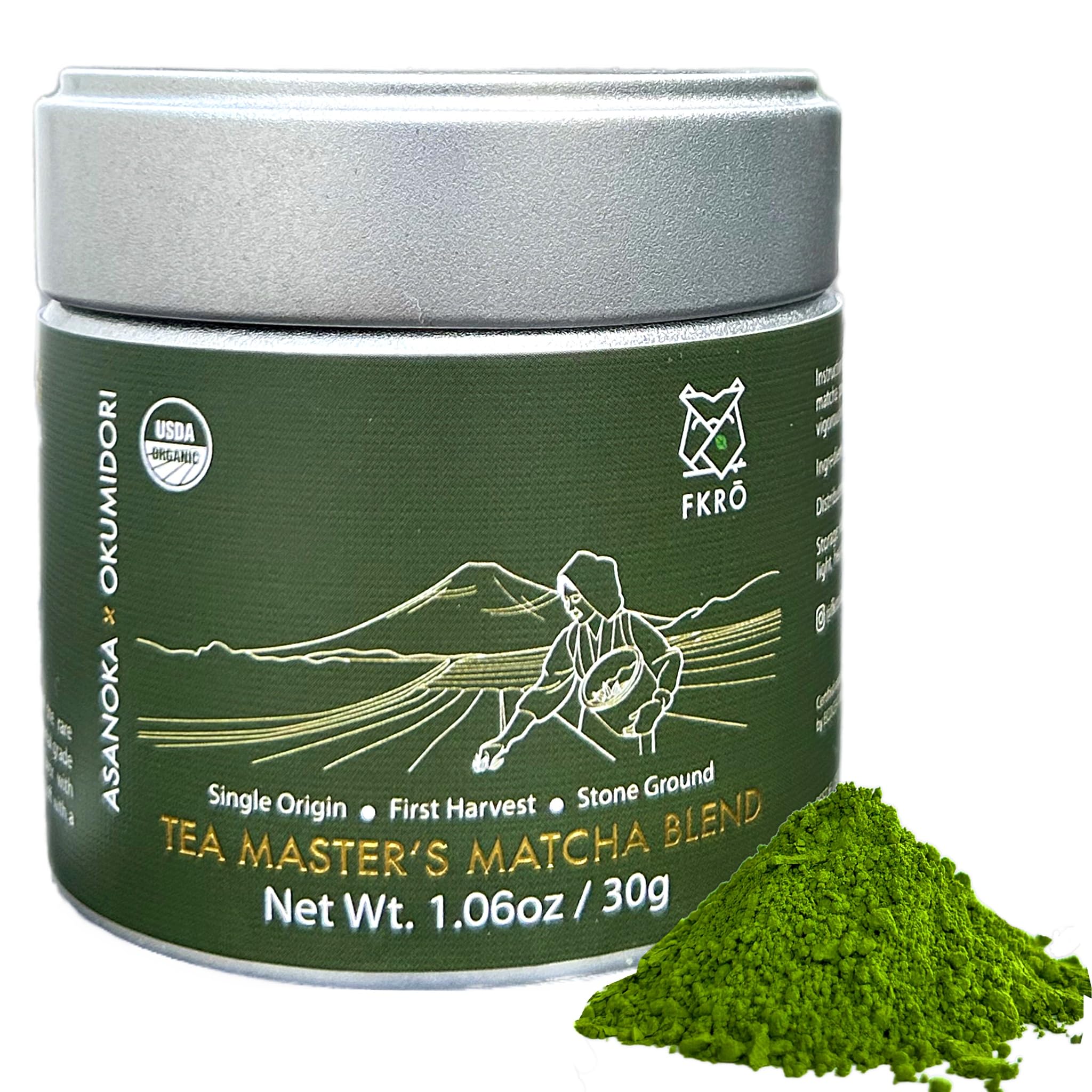 FKROOrganic Tea Master's Ceremonial Grade Japanese Matcha Green Tea Powder. 1st Harvest, Single Origin, Sugar-free. Flown in Fresh from Japan Every Month (30g/1.06oz) Tin