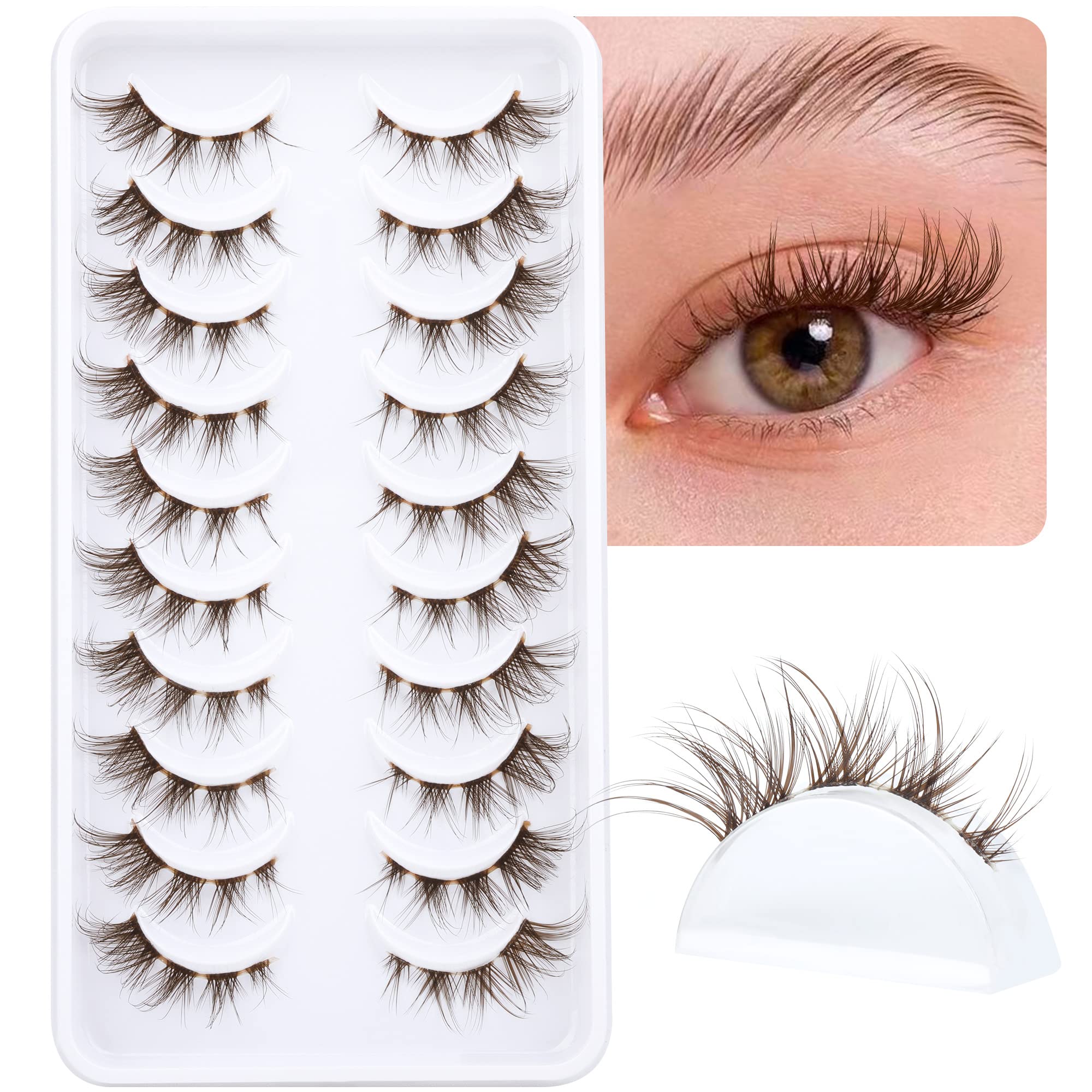 alicrownBrown Lashes Anime Eyelashes Natural Look Wispy Fake Eyelashes Manga Clear Band Cluster Eye Lashes Individual DIY False Eyelashes Pestañas Postizas 10 Pairs ALICROWN, 20.0 count