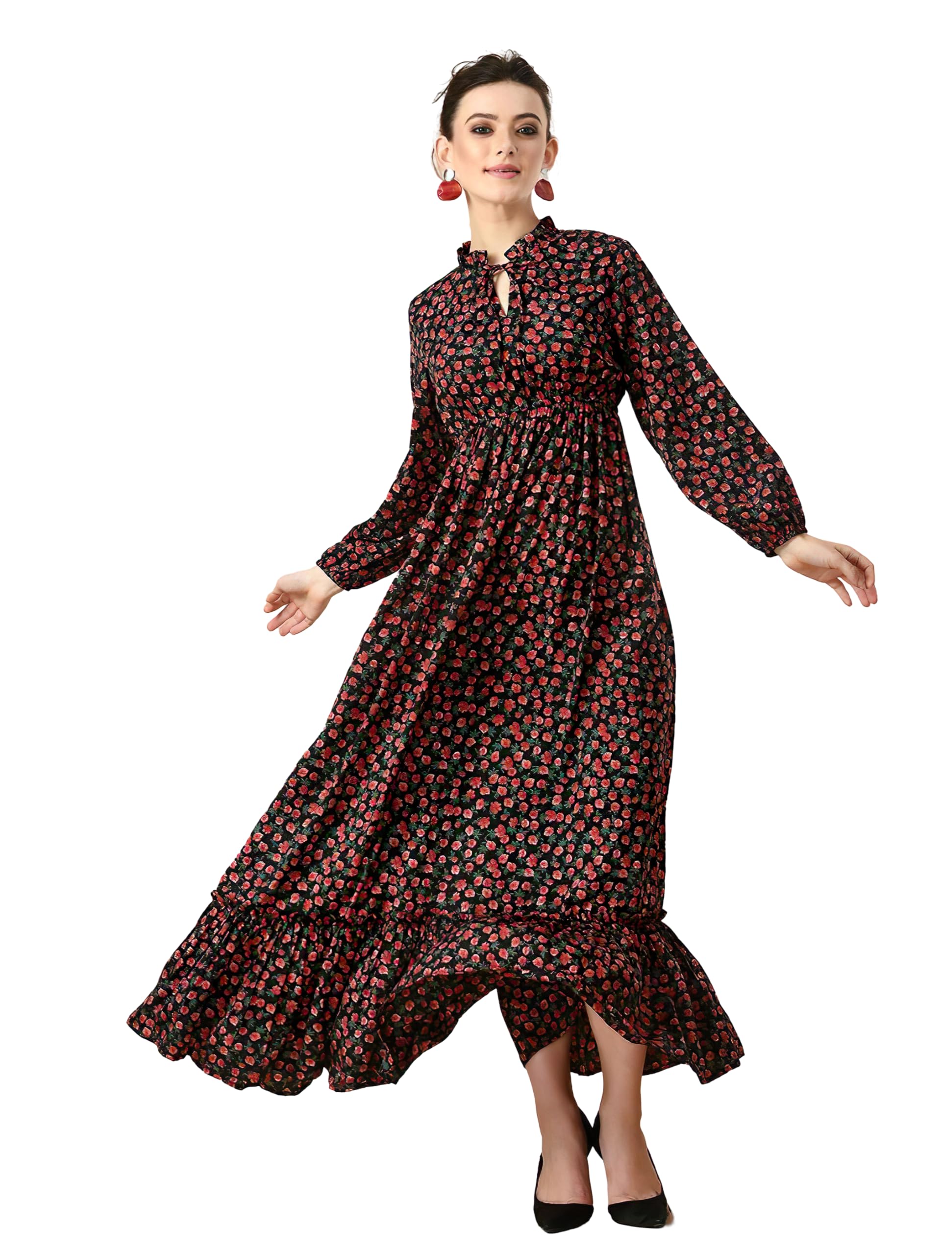 KZULLY| Floral Printed Maxi Dresses for Women | Long Sleeve Beautiful Floral Patterns | Stylish and Elegant Dress | Tie Neck