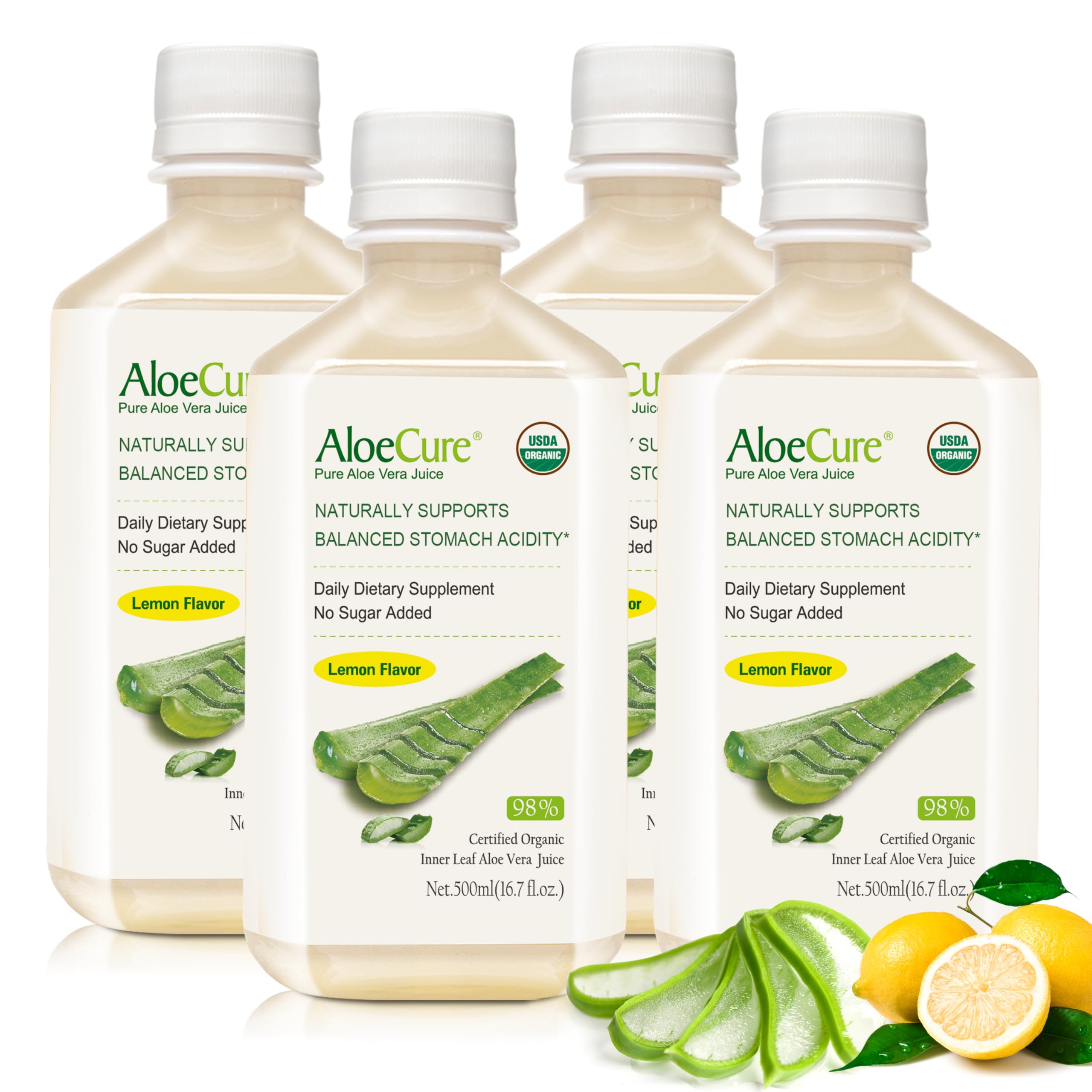 AloeCure USDA Organic Aloe Vera Juice Lemon Flavor - Made Within 12 Hours of Harvest - Natural Digestive Supplement for Balanced Stomach Acidity - Support Digestive and Immune Health, 4 Btls x 16.7oz