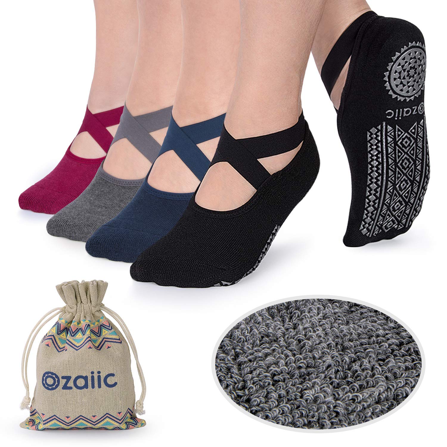 Ozaiic Yoga Socks for Women Non-Slip Grips & Straps, Ideal for Pilates, Pure Barre, Ballet, Dance, Barefoot Workout