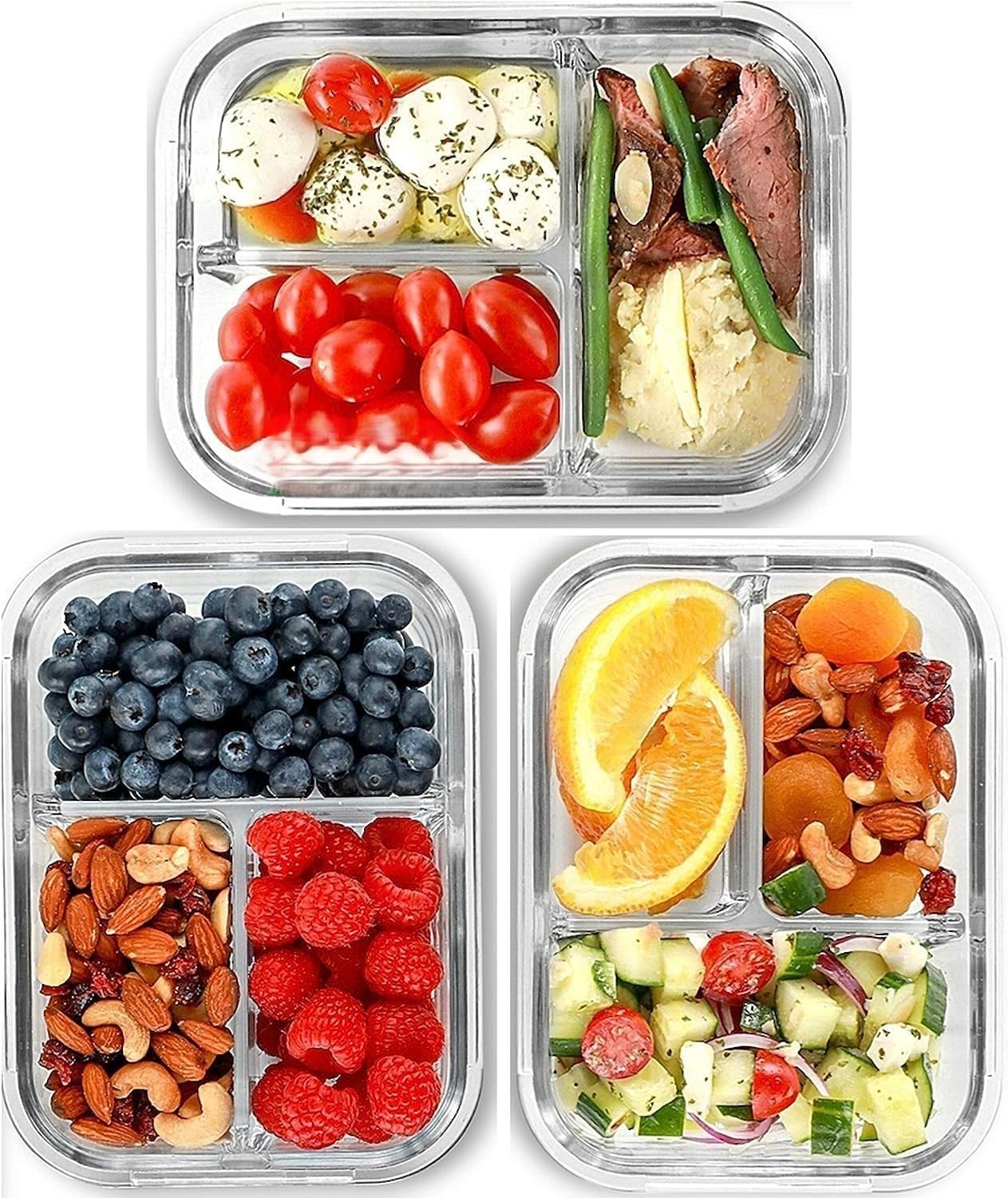 3 Compartment Glass Meal Prep Containers [ 30 Oz] - Glass Lunch Containers, Food Storage Containers with Clear Lids