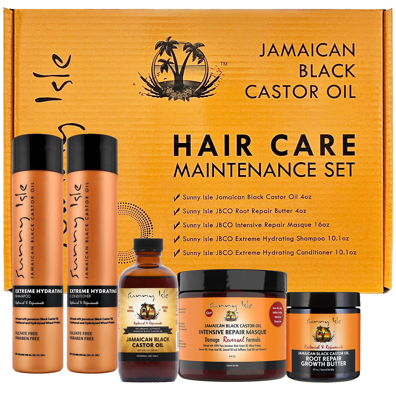 Sunny Isle Jamaican Black Castor Oil Hair Growth Maintenance and Damage Repair Boxed Bundle 5 Piece Set