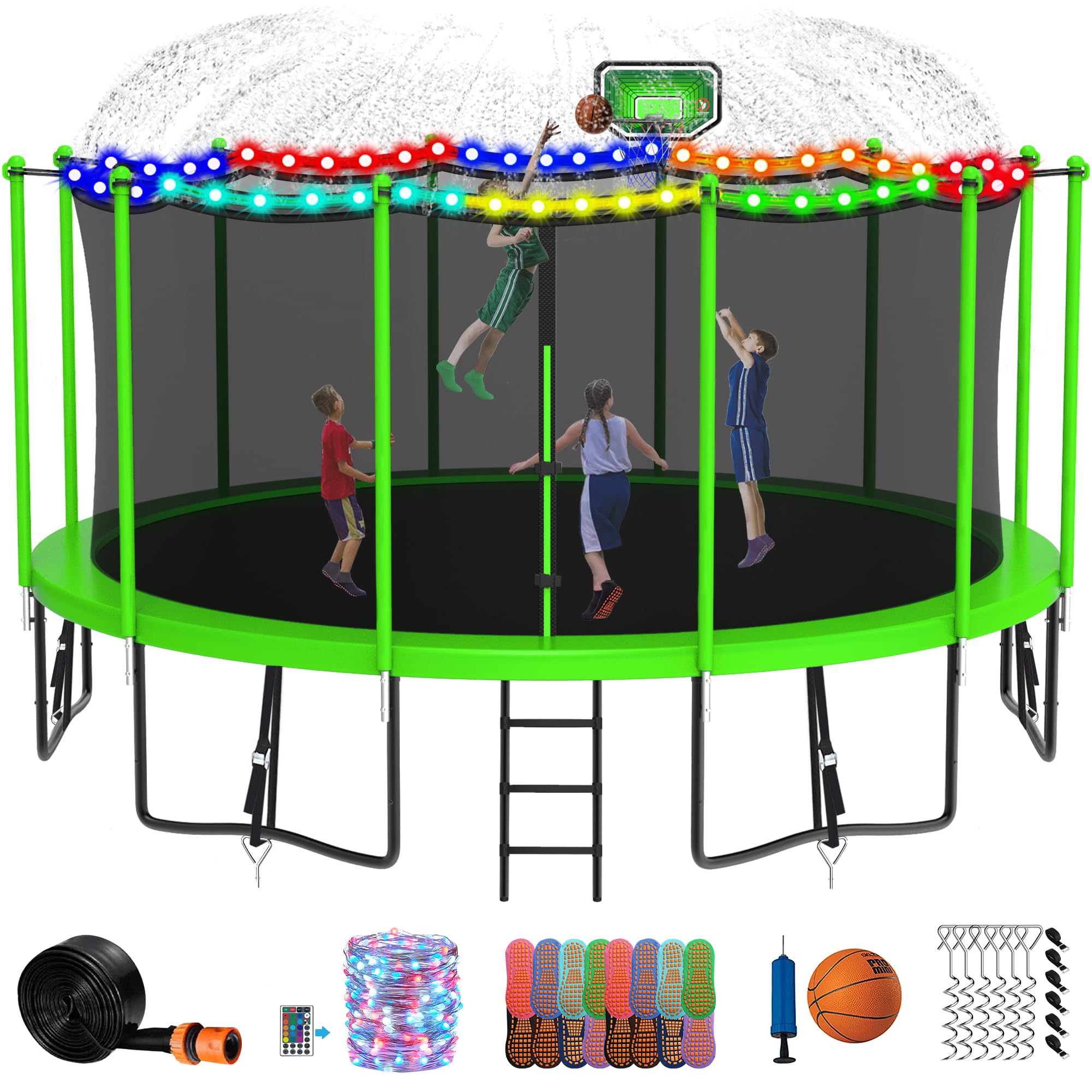 DeepRoar Tranpoline for Kids and Adults, 1500LBS 16FT 15FT 14FT 12FT 10FT 8FT Tranpoline with Basketball Hoop, Safety Enclosure Net, Heavy Duty Tranpoline with Light, Sprinkler, Socks, ASTM Approved