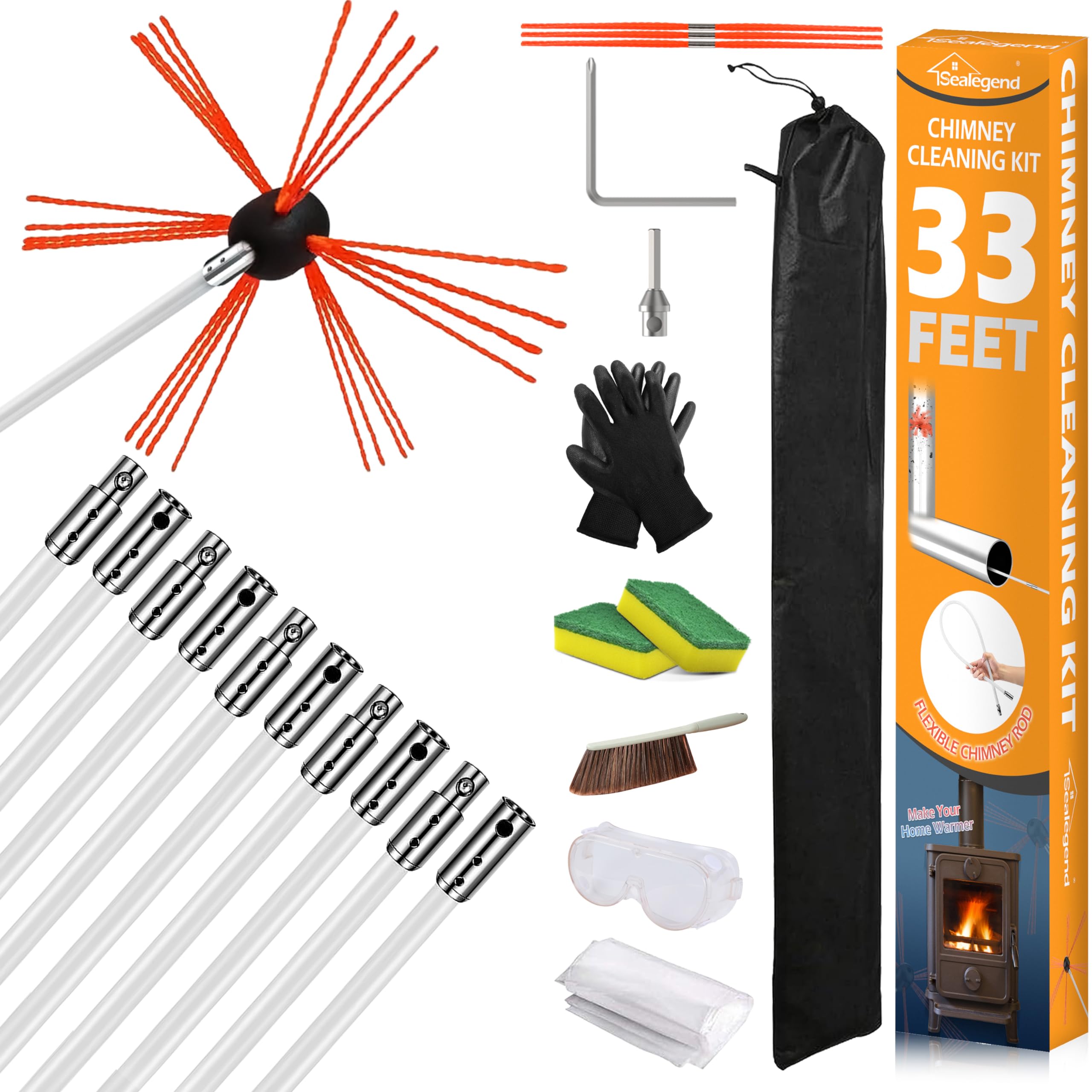 Sealegend 33 Feet Chimney Brush Chimney Sweep Kit Chimney Cleaning Logs and Rotary Chimney Cleaning System Fireplace Tools Set with 10 Flexible Rods