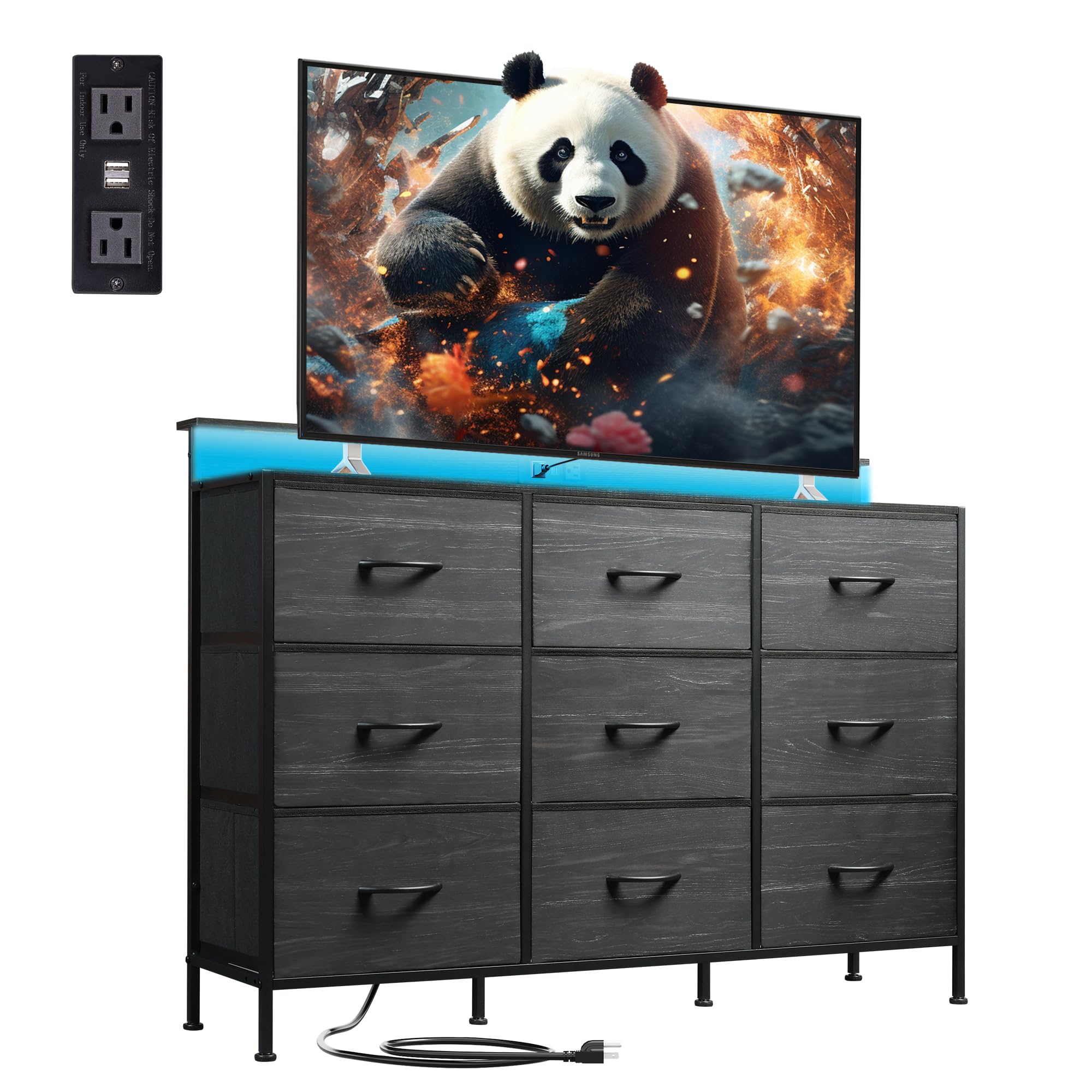 WLIVE Dresser TV Stand for 55 inch, Led Dresser for Bedroom, Black Dressers for Bedroom with LED Lights and Charging Station, Chest of Drawers, 9 Fabric Dresser Drawers, Wood Top, Living Room, Closet