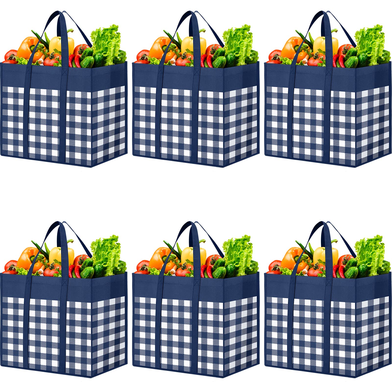 WOWBOX Reusable Grocery Bags,6-Pack, Foldable Reusable Shopping Tote Bags bulk with Reinforced Handles,Large Storage Bags with Water Resistant Coating for Groceries,Multipurpose,Blue-White