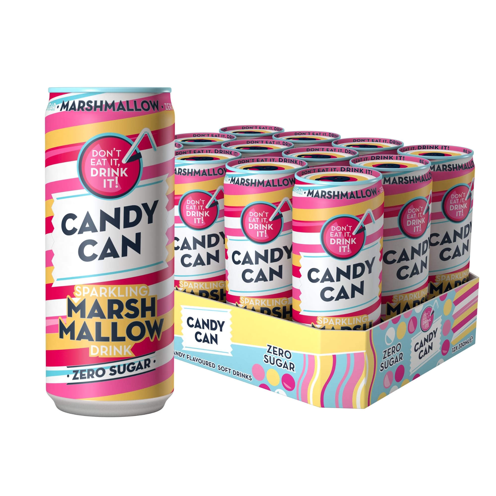 Candy Can Sparkling Soda, Marshmallow Flavour, Sugar-Free and Gluten-Free, Pack of 12 x 330ml Cans