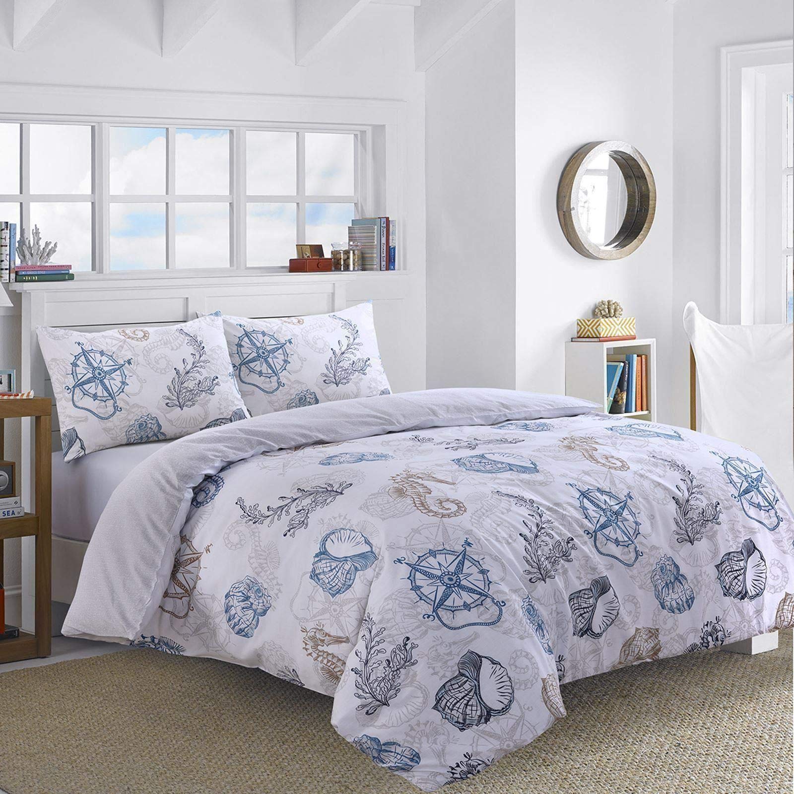 Nimsay Home Seafarer Nautical Seashells Compass 100% Cotton Duvet Cover 240 x 220 cm with 2 x Pillowcases 63 x 63 cm