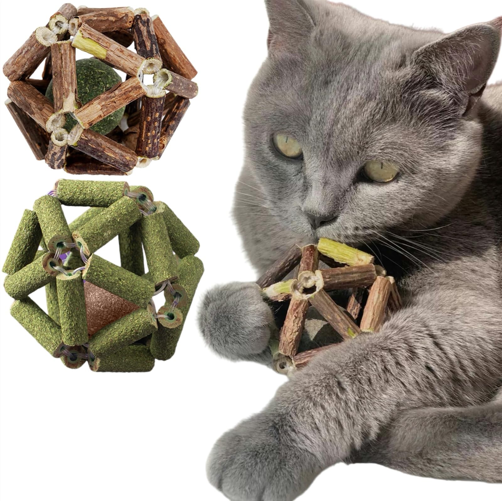 Cat Grass Stick Cage Balls, Silvervine Cat Toy Matatabi Cat Treat, Safe Teeth Cleaning Edible Kitty Toys, Catnip Chew Toy for All Breeds (2PCS Balls)